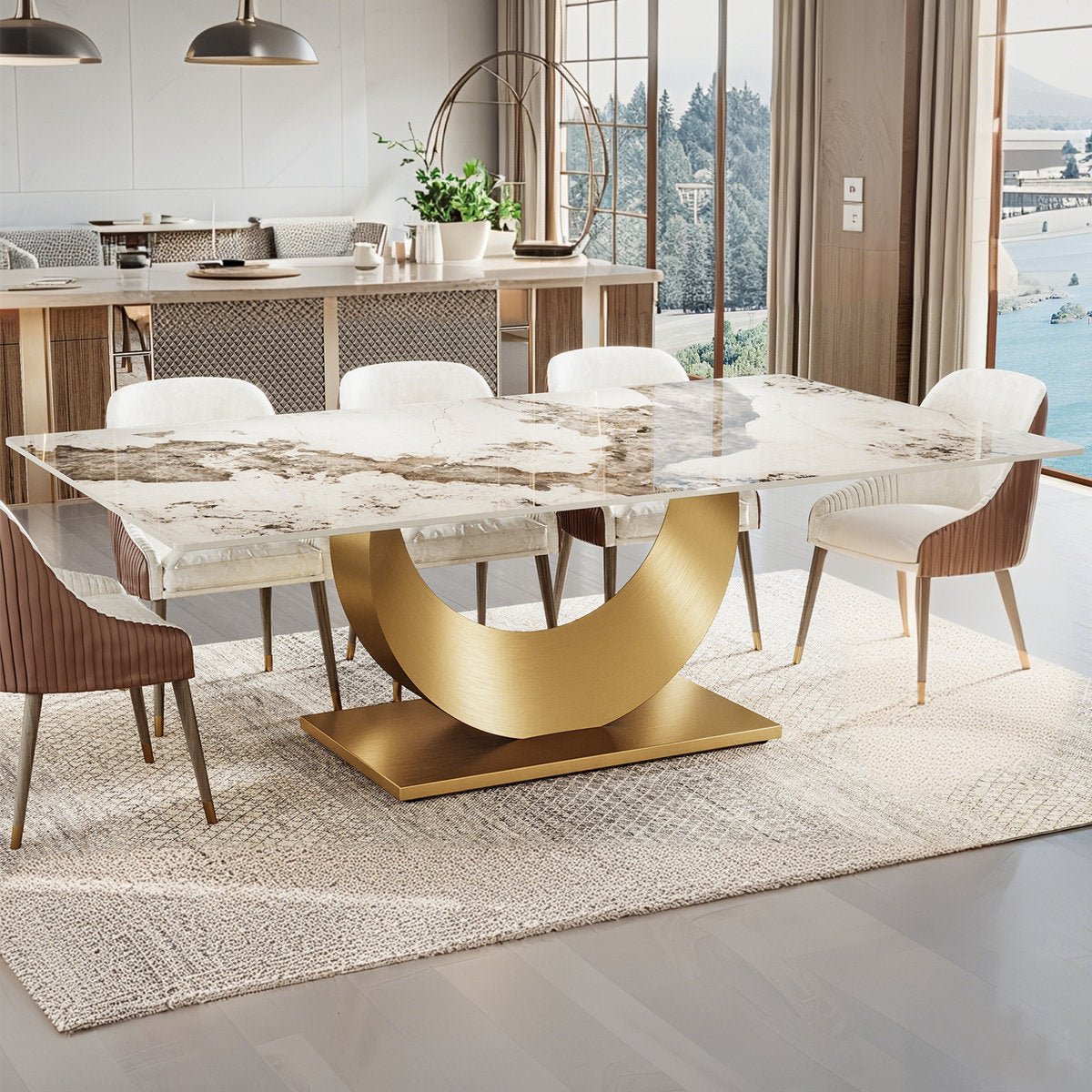 79" Sintered Stone Dining Table with Stainless Steel Pedestal for 8 people