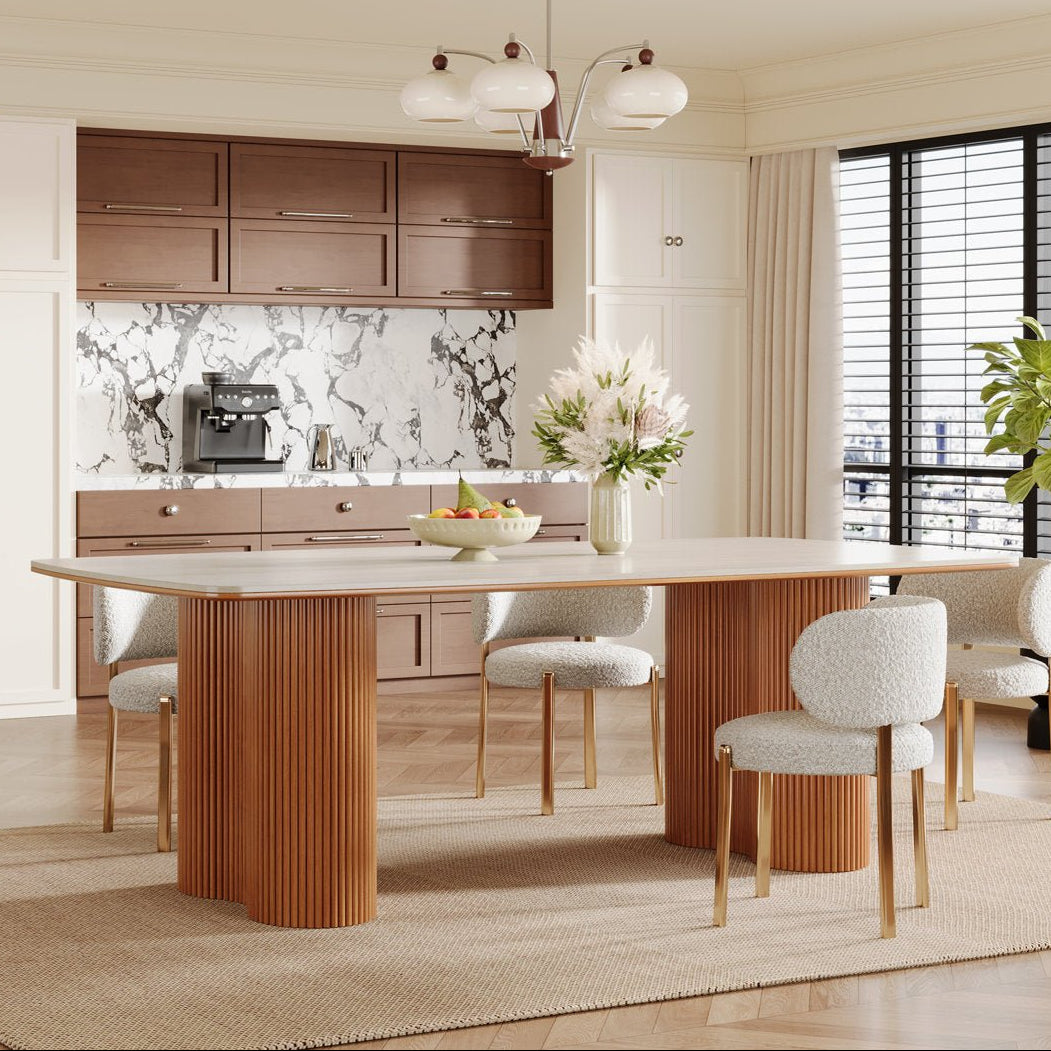 78.74" Beige Travertine Sintered Stone Dining Table With Wooden Legs
