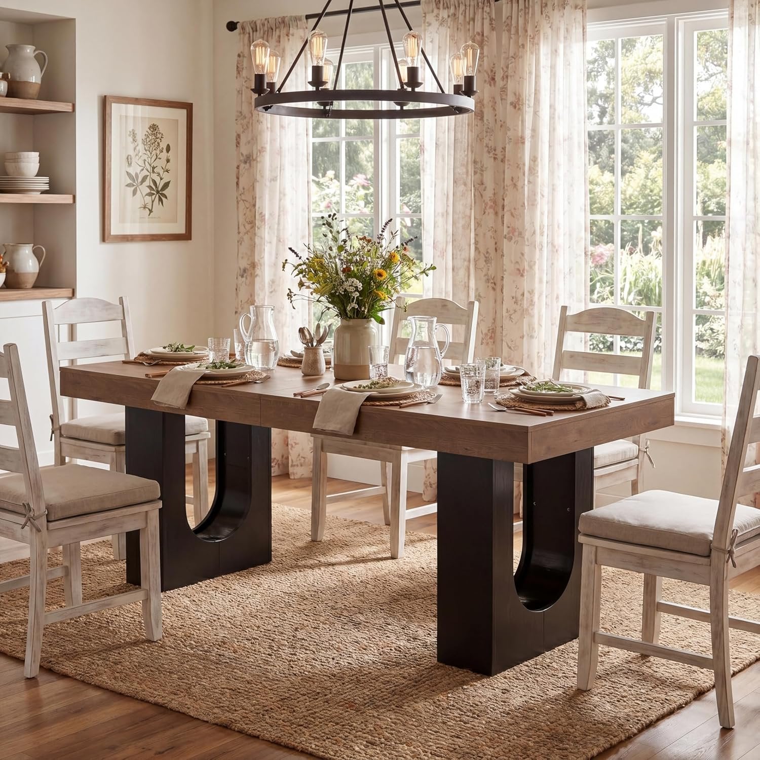 78.7" Rectangular Dining Table, Modern Farmhouse Kitchen Table with Sculptural Pedestal Base for 6-8 People