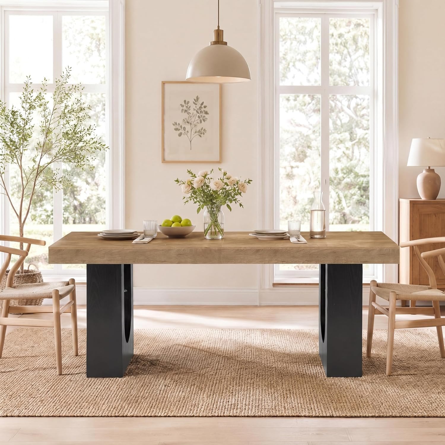 78.7" Rectangular Dining Table, Modern Farmhouse Kitchen Table with Sculptural Pedestal Base for 6-8 People