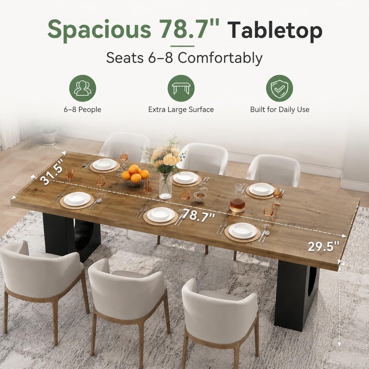 78.7" Rectangular Dining Table, Modern Farmhouse Kitchen Table with Sculptural Pedestal Base for 6-8 People
