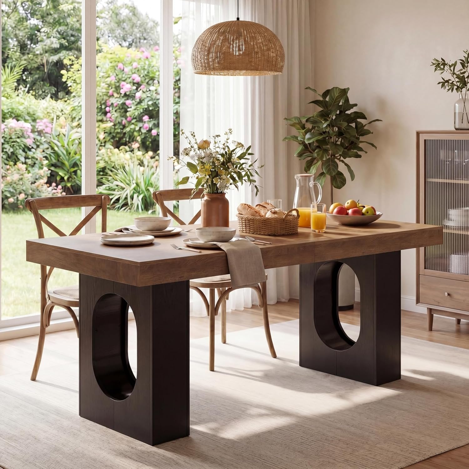 78.7" Rectangular Dining Table, Modern Farmhouse Kitchen Table with Sculptural Pedestal Base for 6-8 People