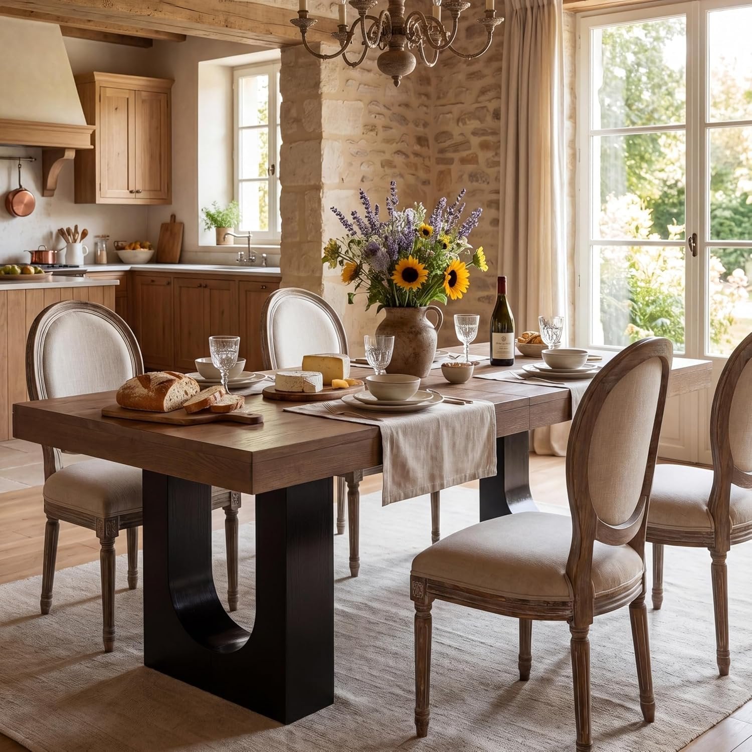 78.7" Rectangular Dining Table, Modern Farmhouse Kitchen Table with Sculptural Pedestal Base for 6-8 People