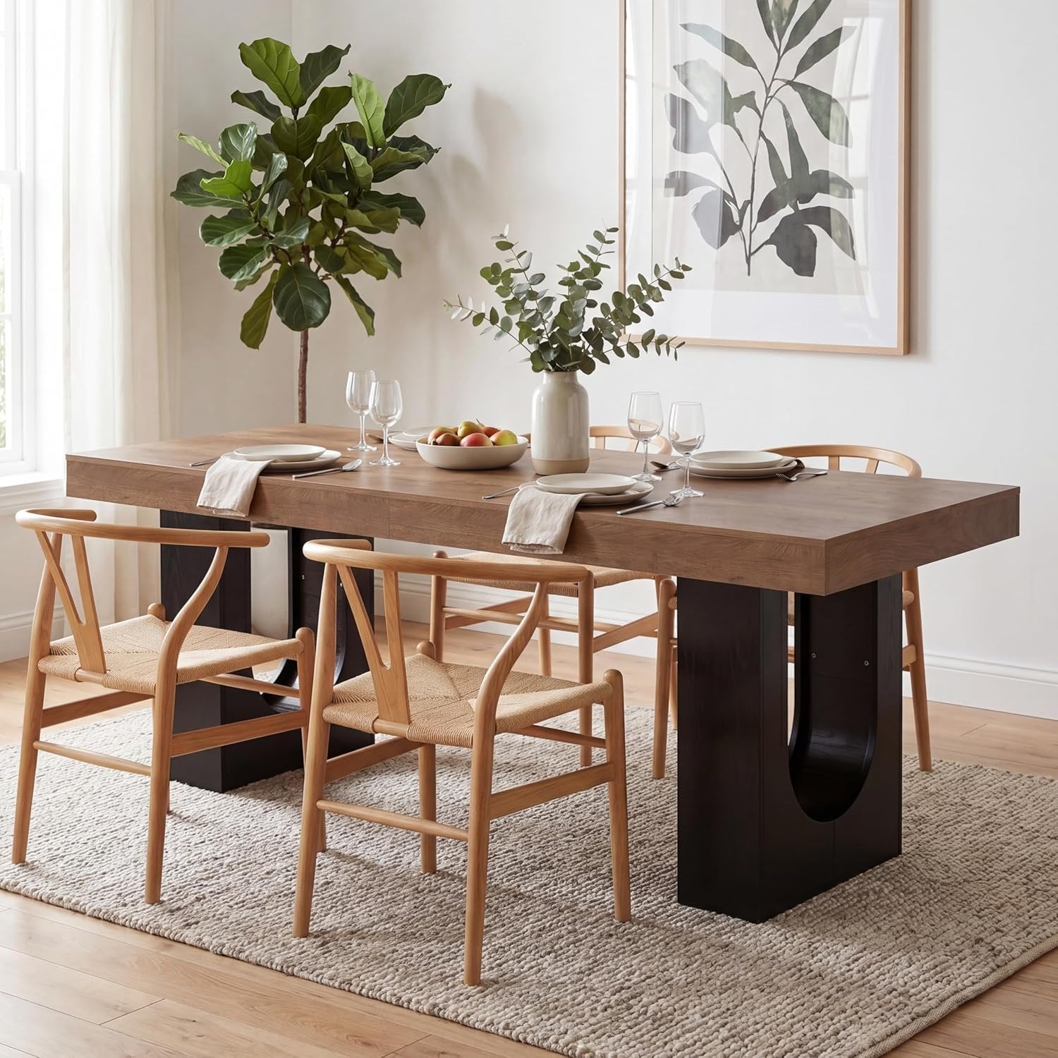78.7" Rectangular Dining Table, Modern Farmhouse Kitchen Table with Sculptural Pedestal Base for 6-8 People