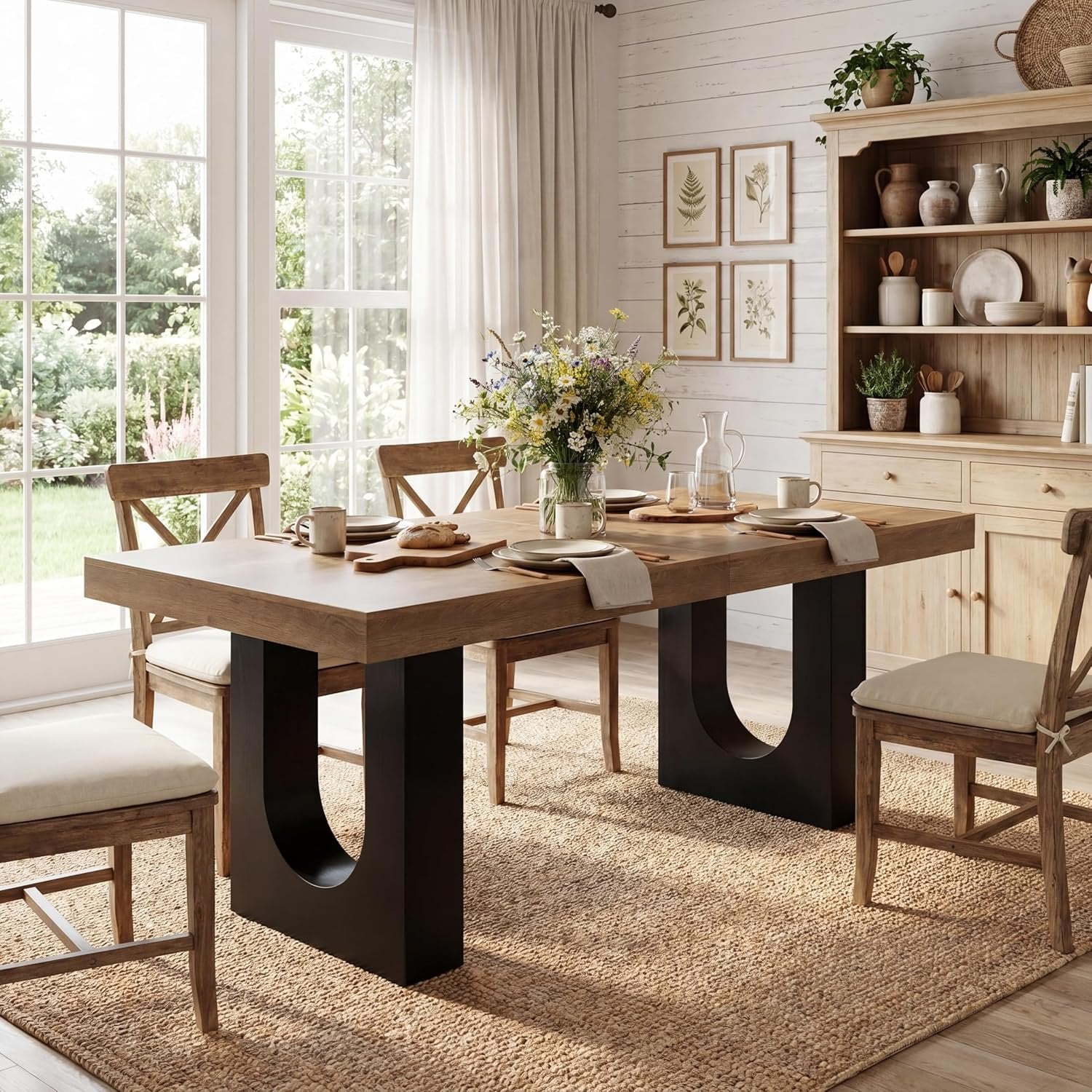 78.7" Rectangular Dining Table, Modern Farmhouse Kitchen Table with Sculptural Pedestal Base for 6-8 People