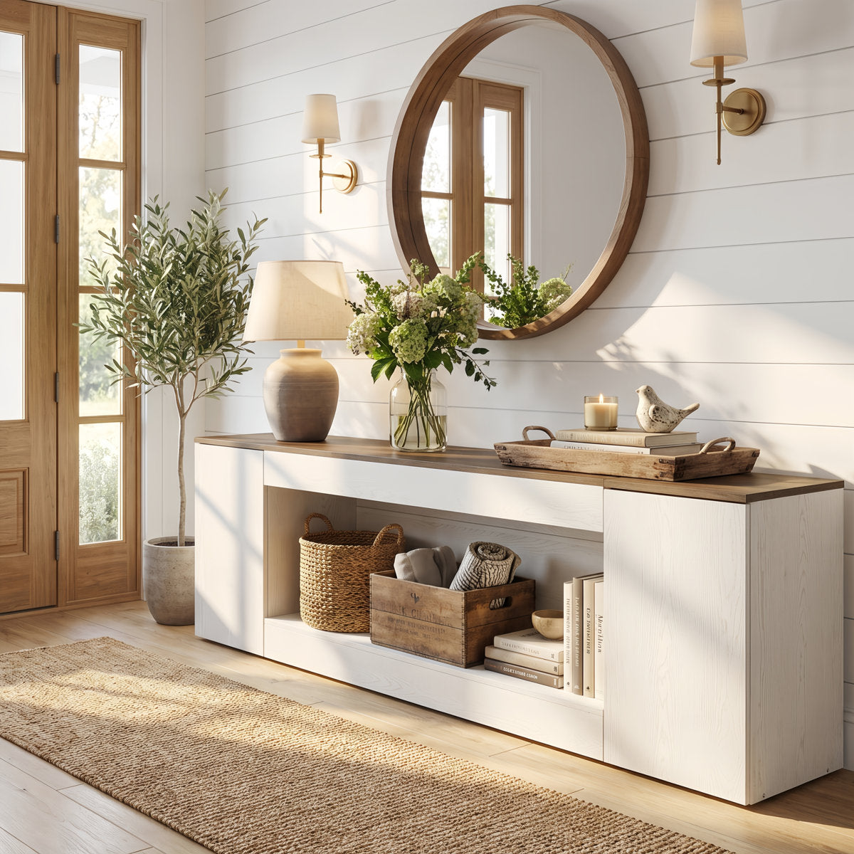 78.9" Console Table, Farmhouse Sofa Table with 2 Storage Cabinets and Open Shelf