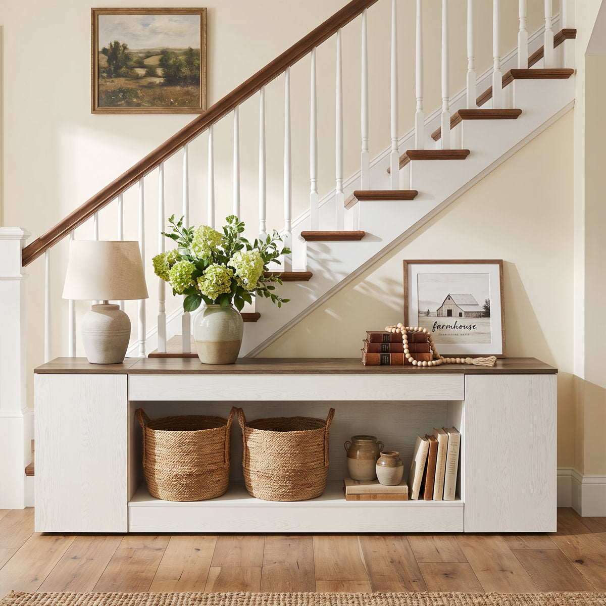 78.9" Console Table, Farmhouse Sofa Table with 2 Storage Cabinets and Open Shelf