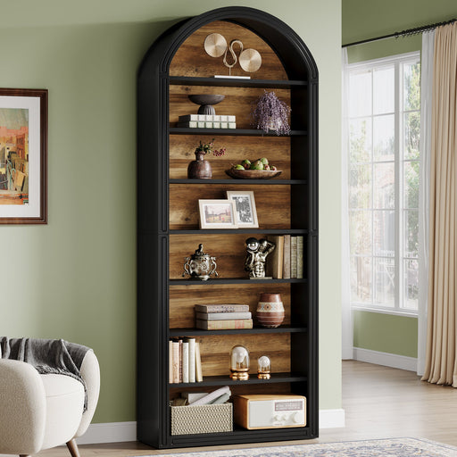 78.7" Bookshelf, Wooden Arched Bookcase Display Shelving Unit Tribesigns