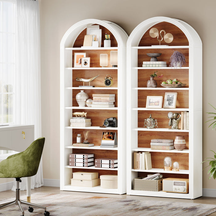 78.7" Bookshelf, Wooden Arched Bookcase Display Shelving Unit Tribesigns