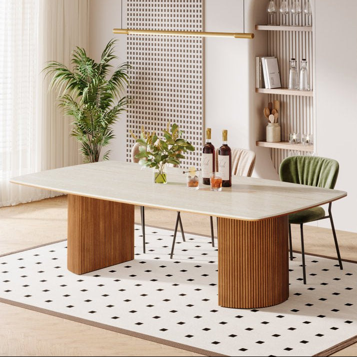 78.7" Rectangular Travertine Top Dining Table, 8-Seat Modern Stone Kitchen Table with Solid Wood Base