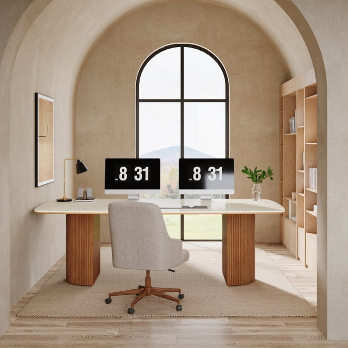 78.7" Executive Desk, Travertine Slab Computer Desk With Semi - Circular Base Tribesigns