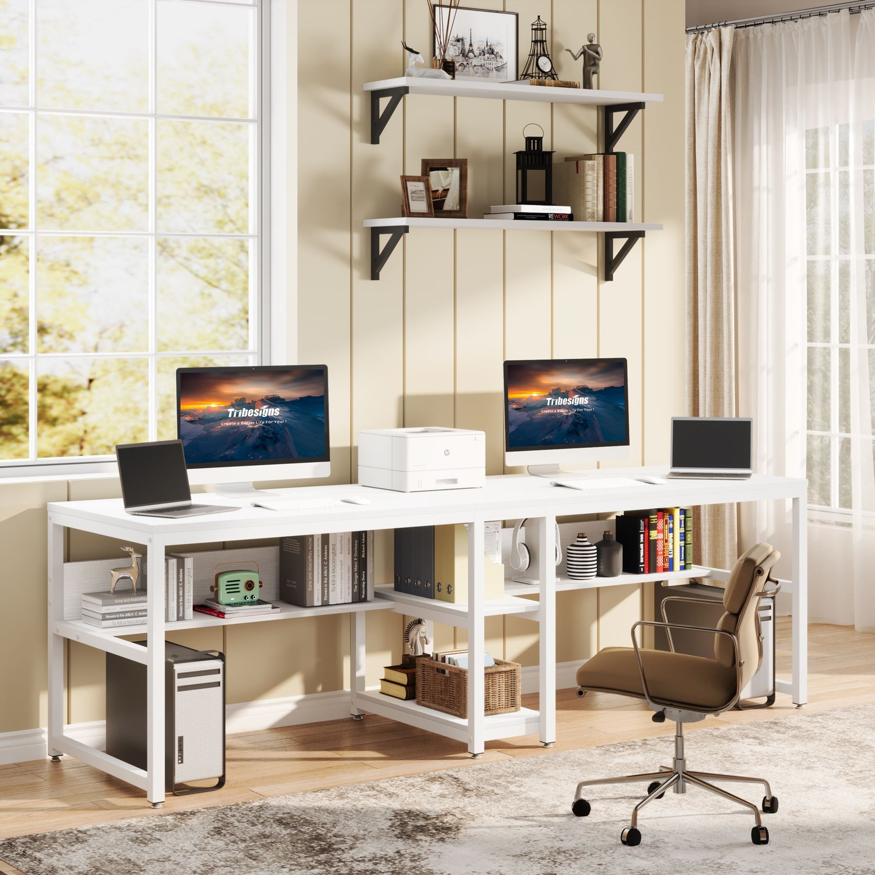 Tribesigns Double Workstation Desk with Shelves