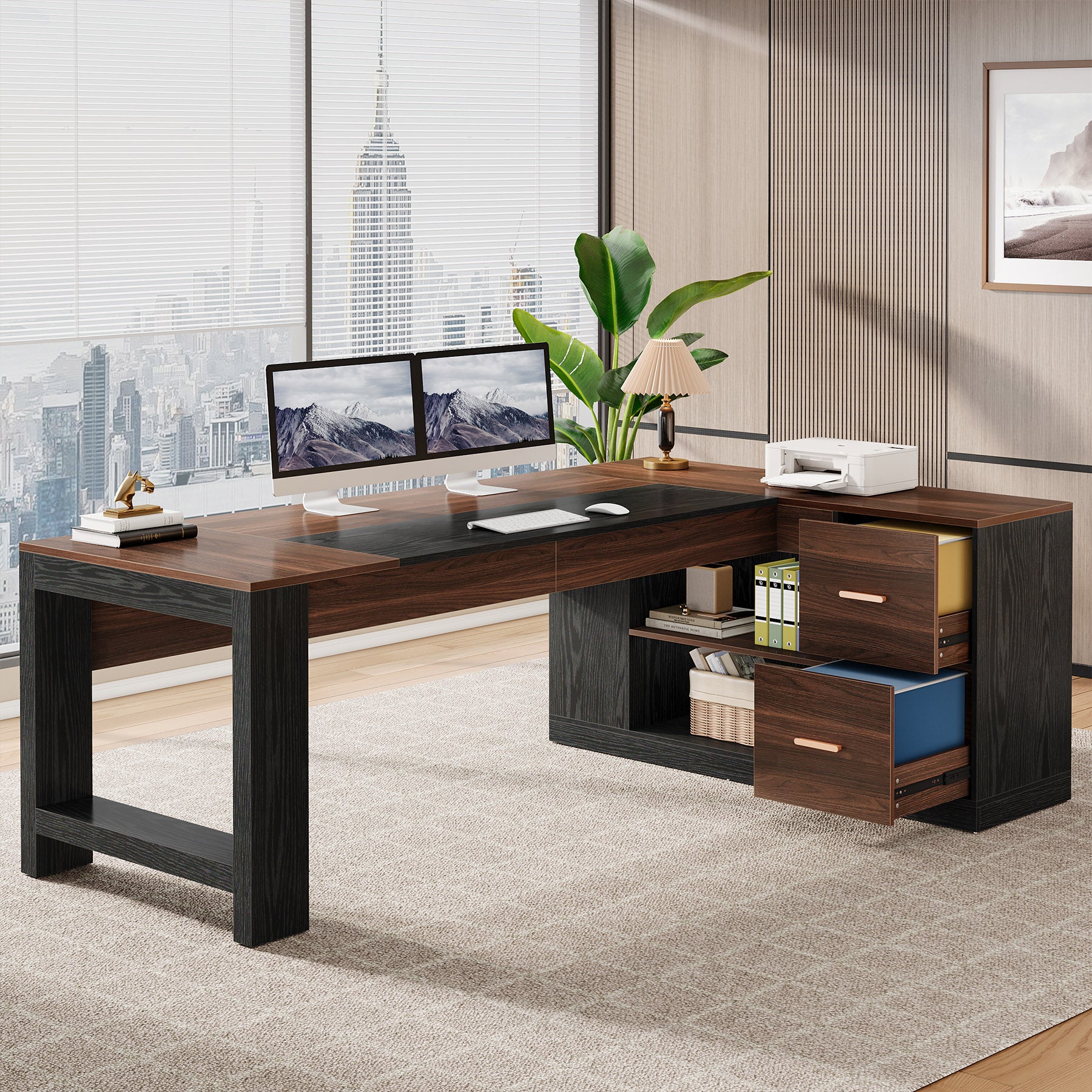 78" L-Shaped Executive Desk, Modern Office Computer Desk with Cabinet and Storage Shelves
