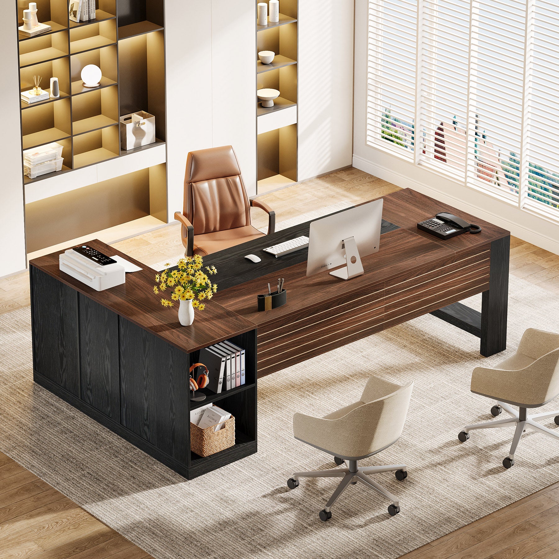 78" L-Shaped Executive Desk, Modern Office Computer Desk with Cabinet and Storage Shelves