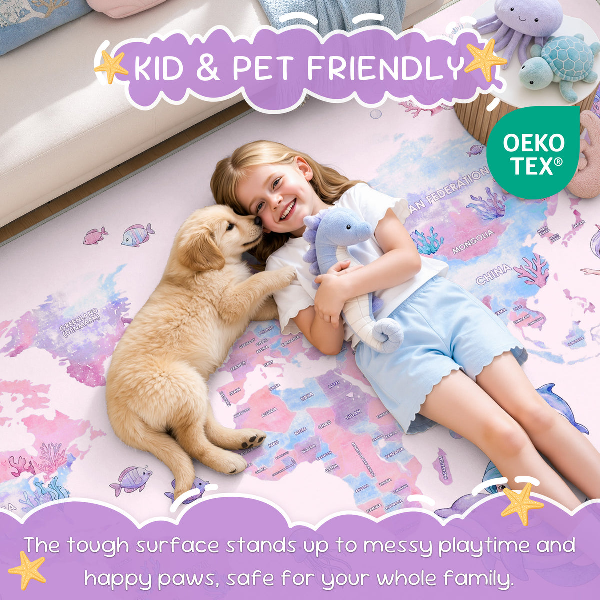 Soft Non‑Slip Low‑Pile, Cute Mermaid Ocean Animal Play Mat for Nursery Girls’ Bedroom Living Room