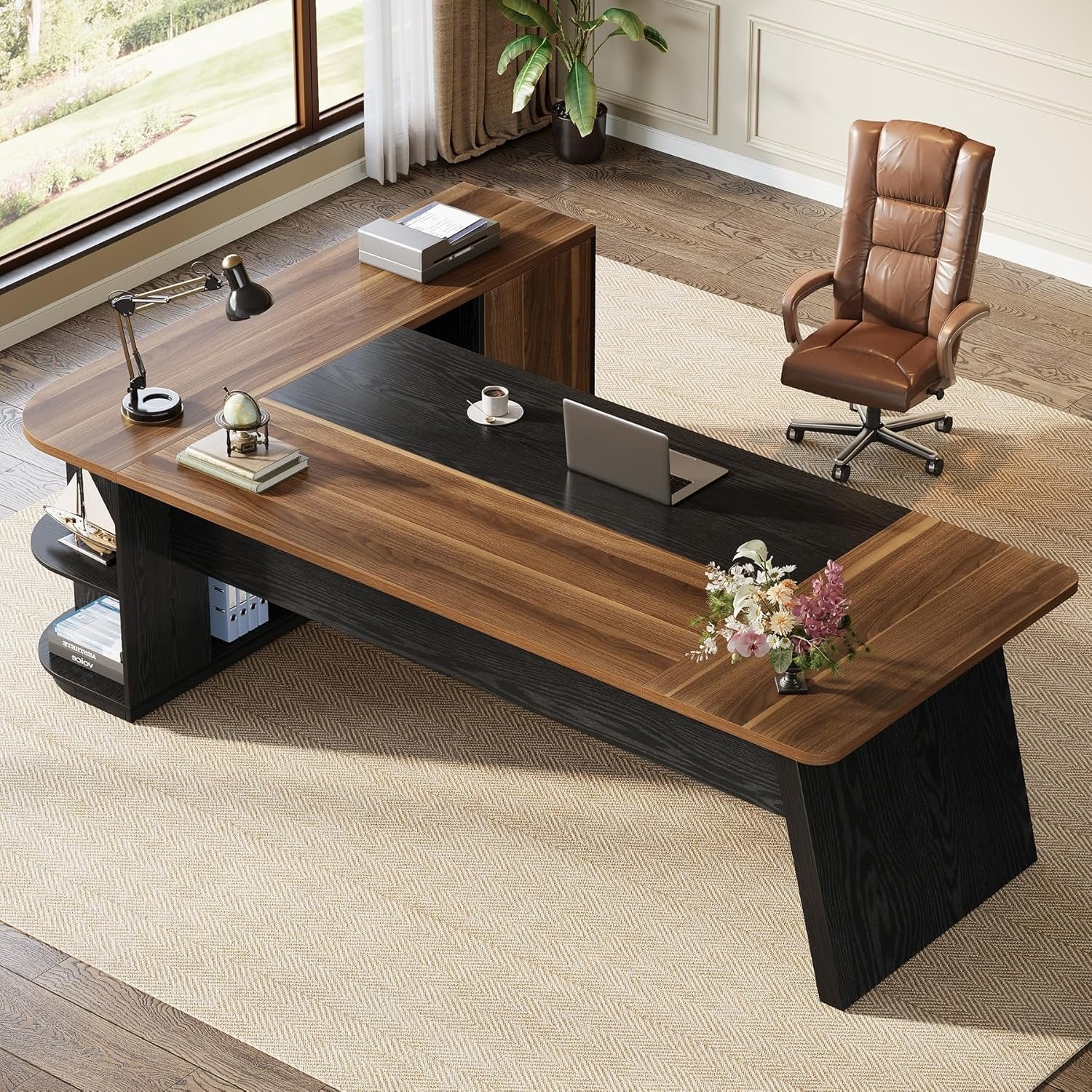 79" Executive Desk, L-Shaped Office Compter Desk with Cabinet for Home Office