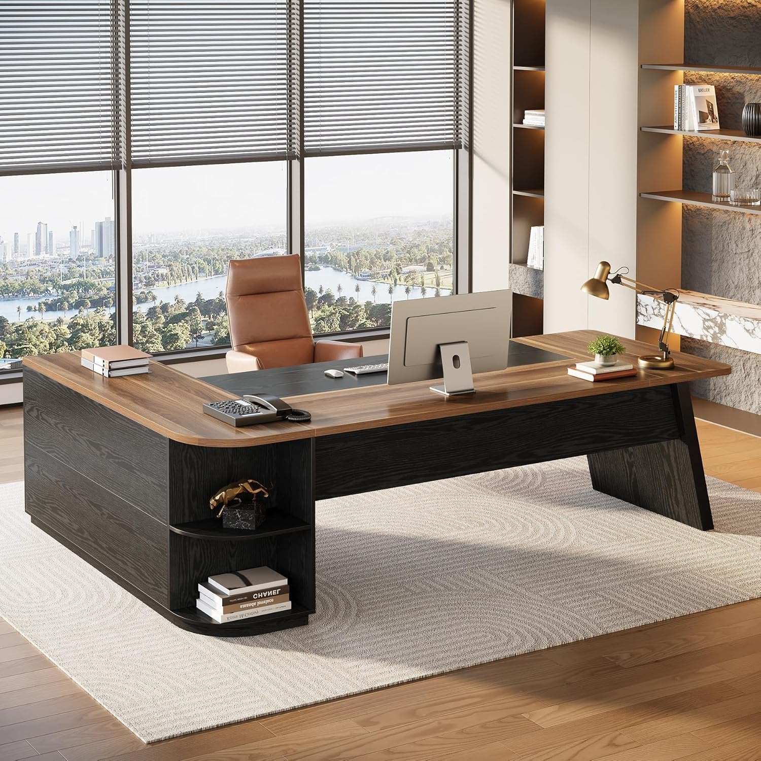 79" Executive Desk, L-Shaped Office Compter Desk with Cabinet for Home Office