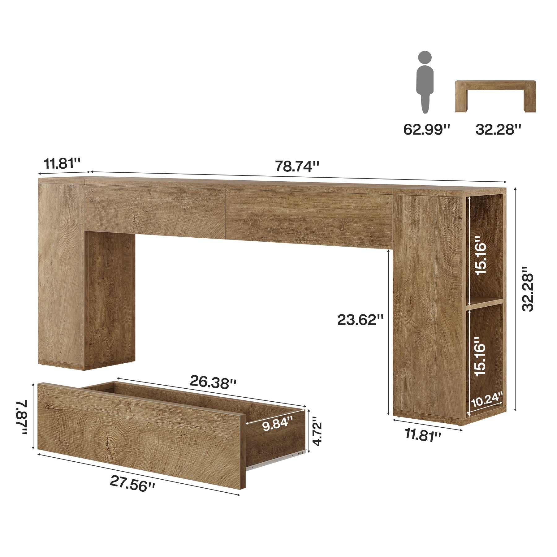 79" Long Console Table, Farmhouse Entryway Table with 2 Drawers and Side Storage Shelves
