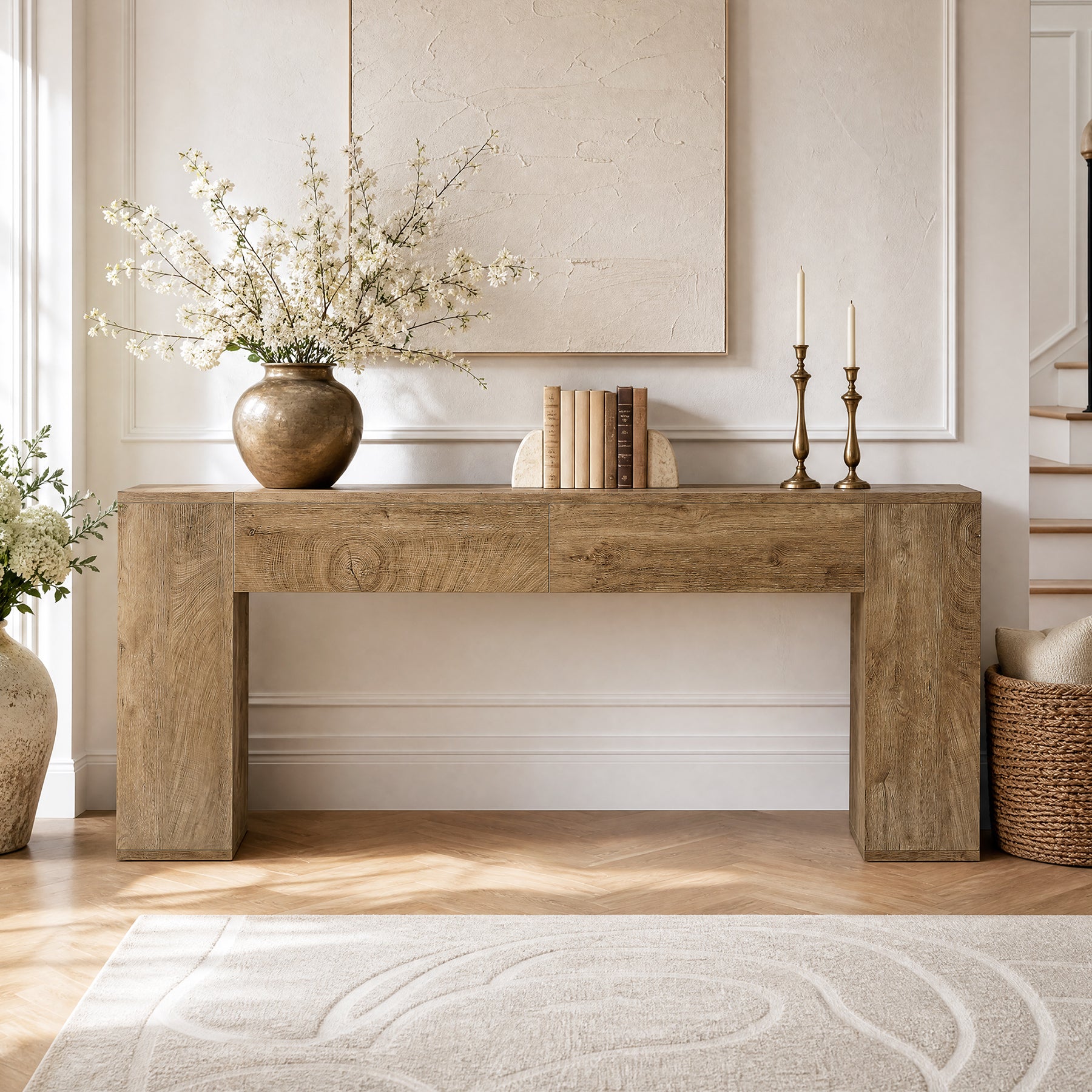 79" Long Console Table, Farmhouse Entryway Table with 2 Drawers and Side Storage Shelves