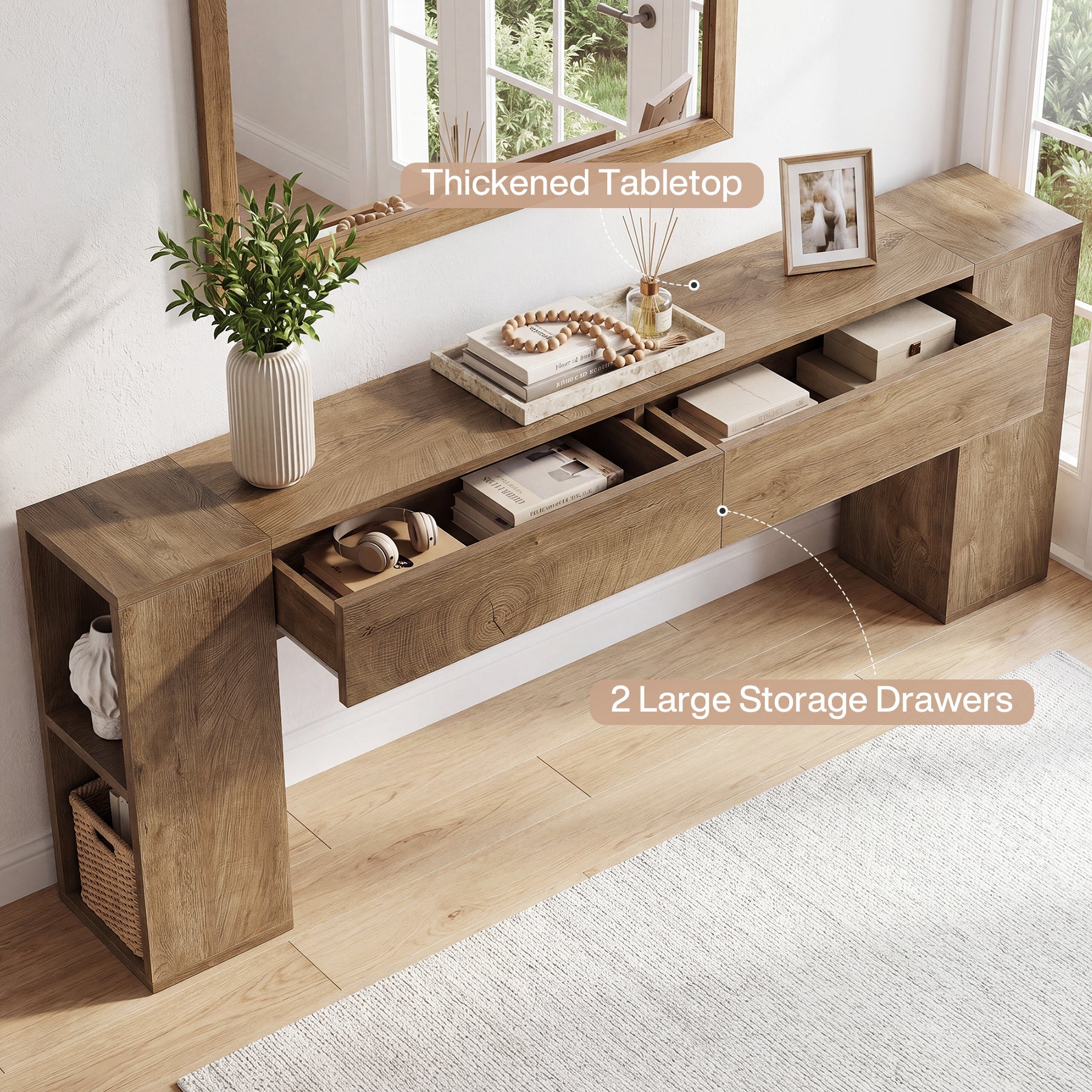 79" Long Console Table, Farmhouse Entryway Table with 2 Drawers and Side Storage Shelves