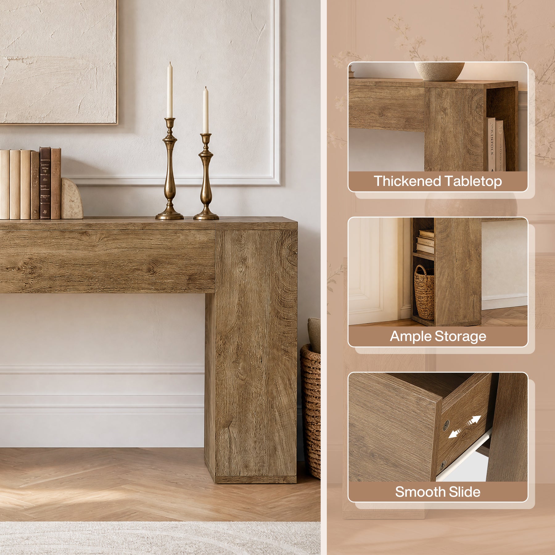 79" Long Console Table, Farmhouse Entryway Table with 2 Drawers and Side Storage Shelves