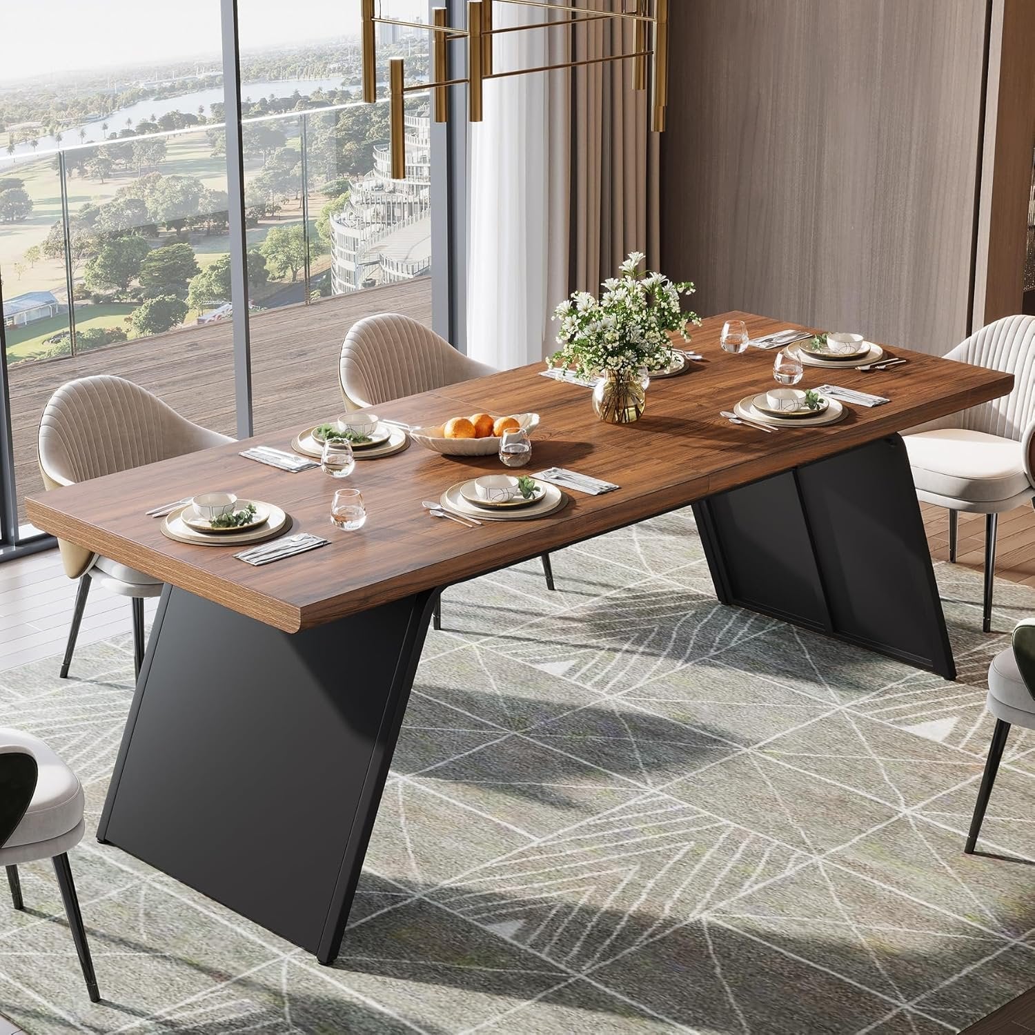 79" Modern Dining Table, Narrow Rectangular Kitchen Dinner Table for 6 People