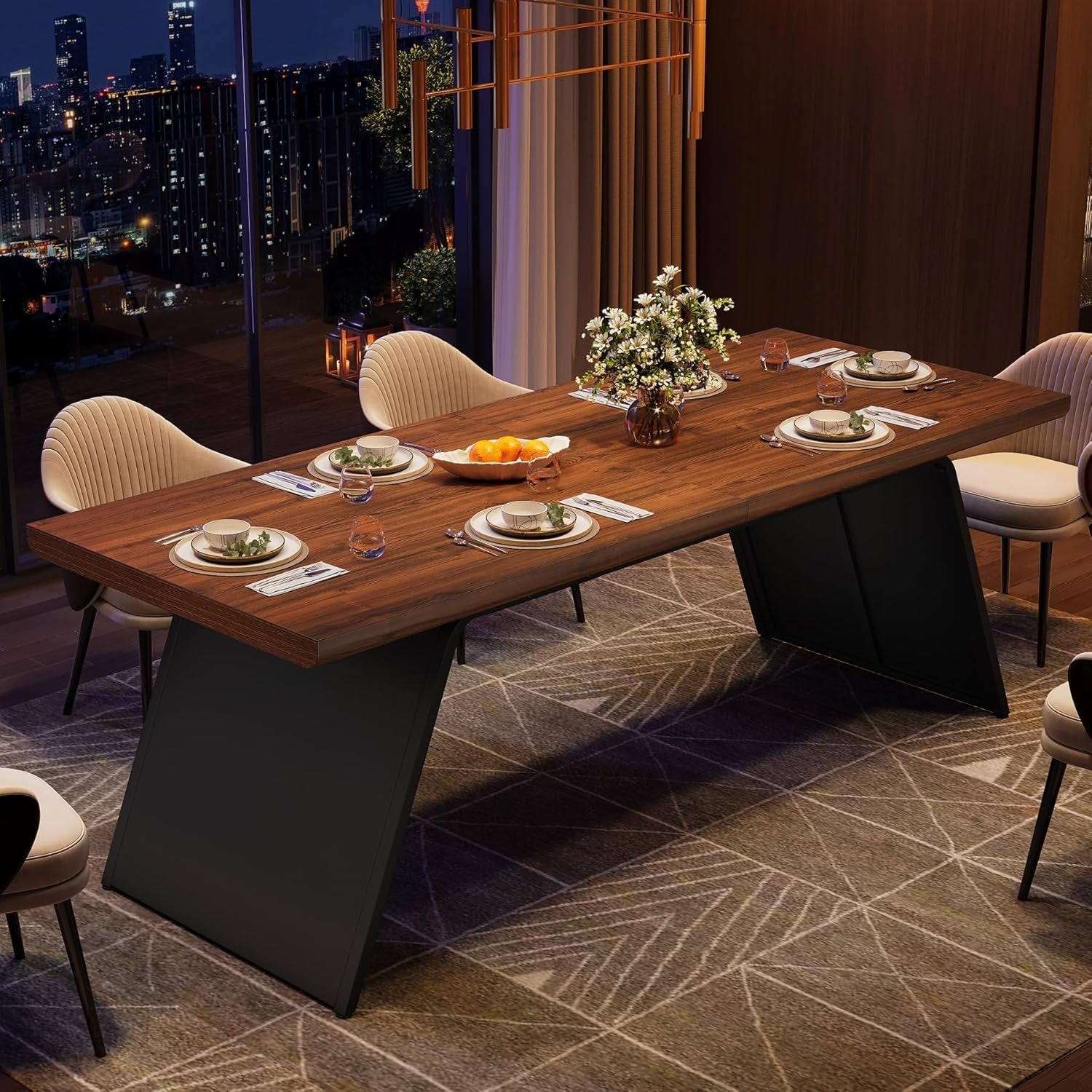 79" Modern Dining Table, Narrow Rectangular Kitchen Dinner Table for 6 People