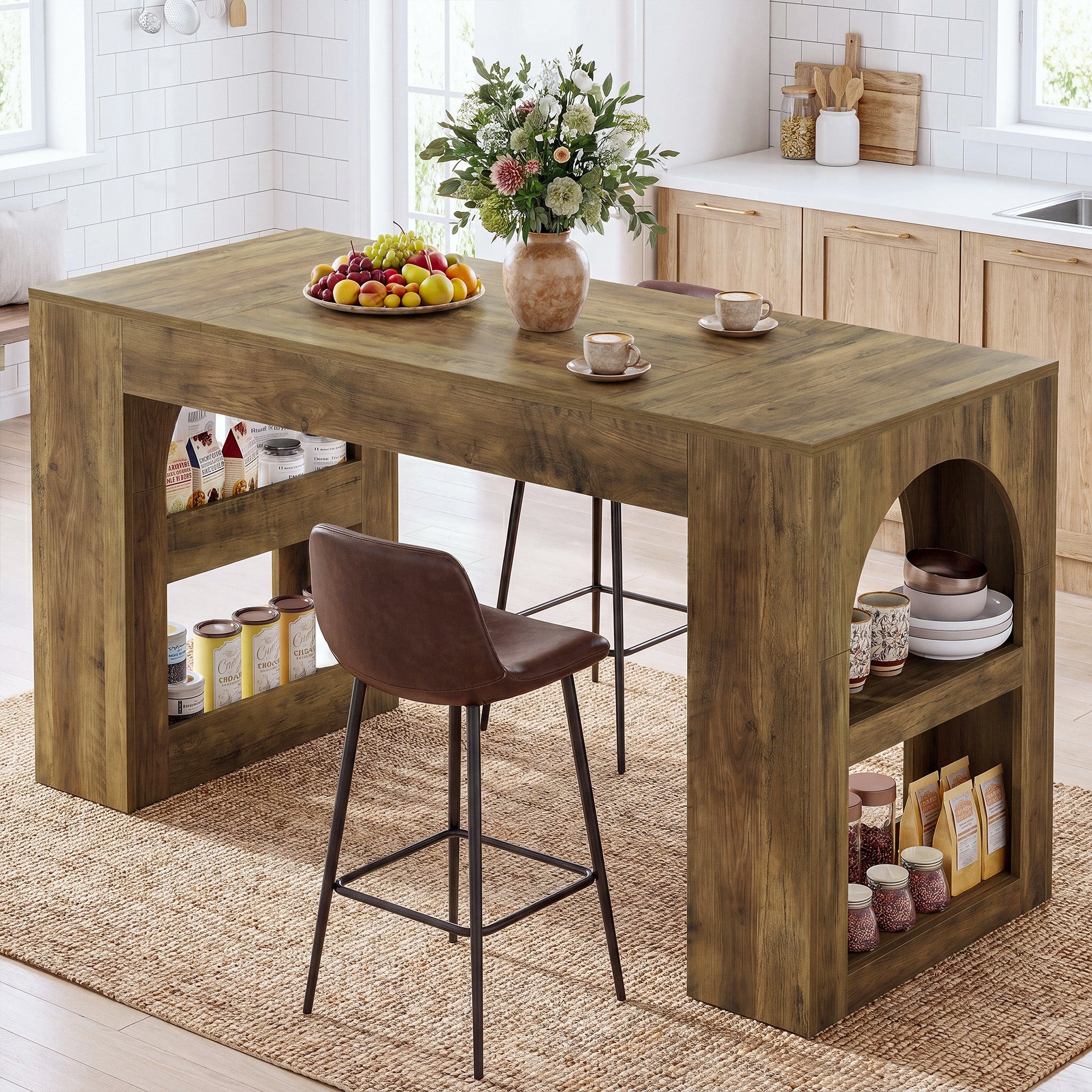 63" Counter Height Bar Table with Side Storage, Industrial Counter Table for Home Bar & Dining Room