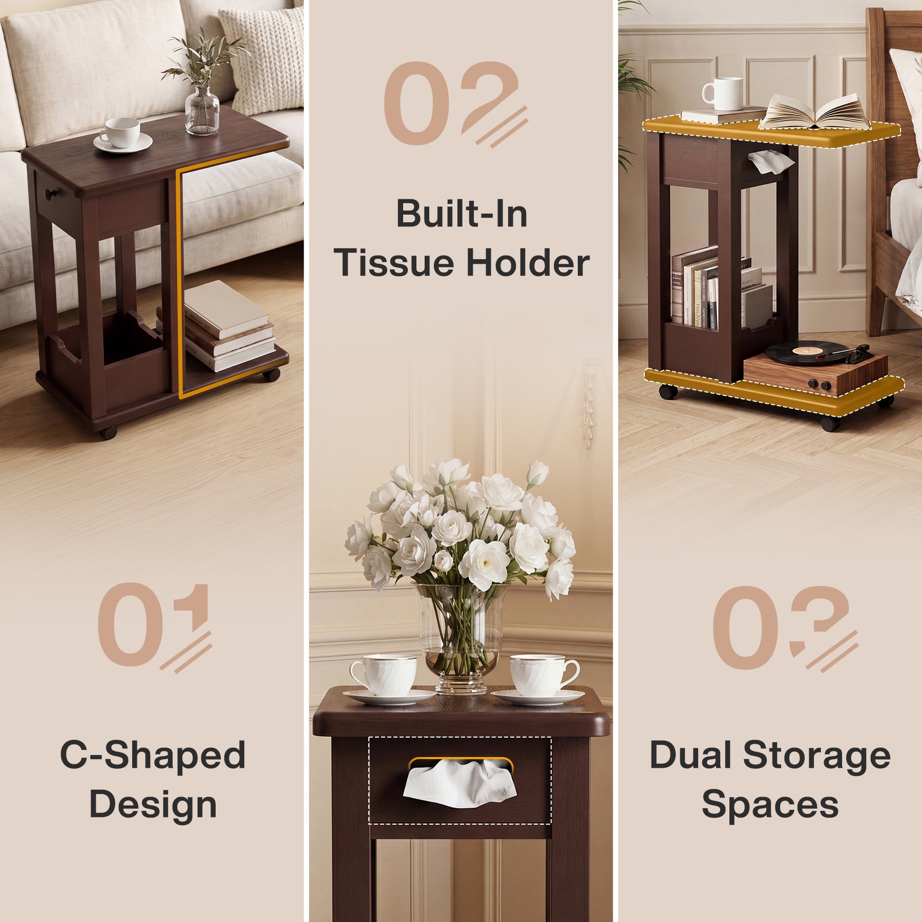 C-Shaped Side Table, 2-Tier Rolling Sofa End Table with Swivel & Lockable Casters