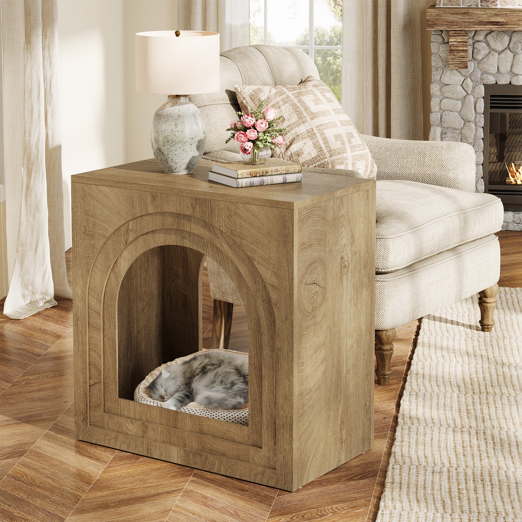 Tribesigns 2-Tier Square End Table, Farmhouse Side Table with Arched Shelf