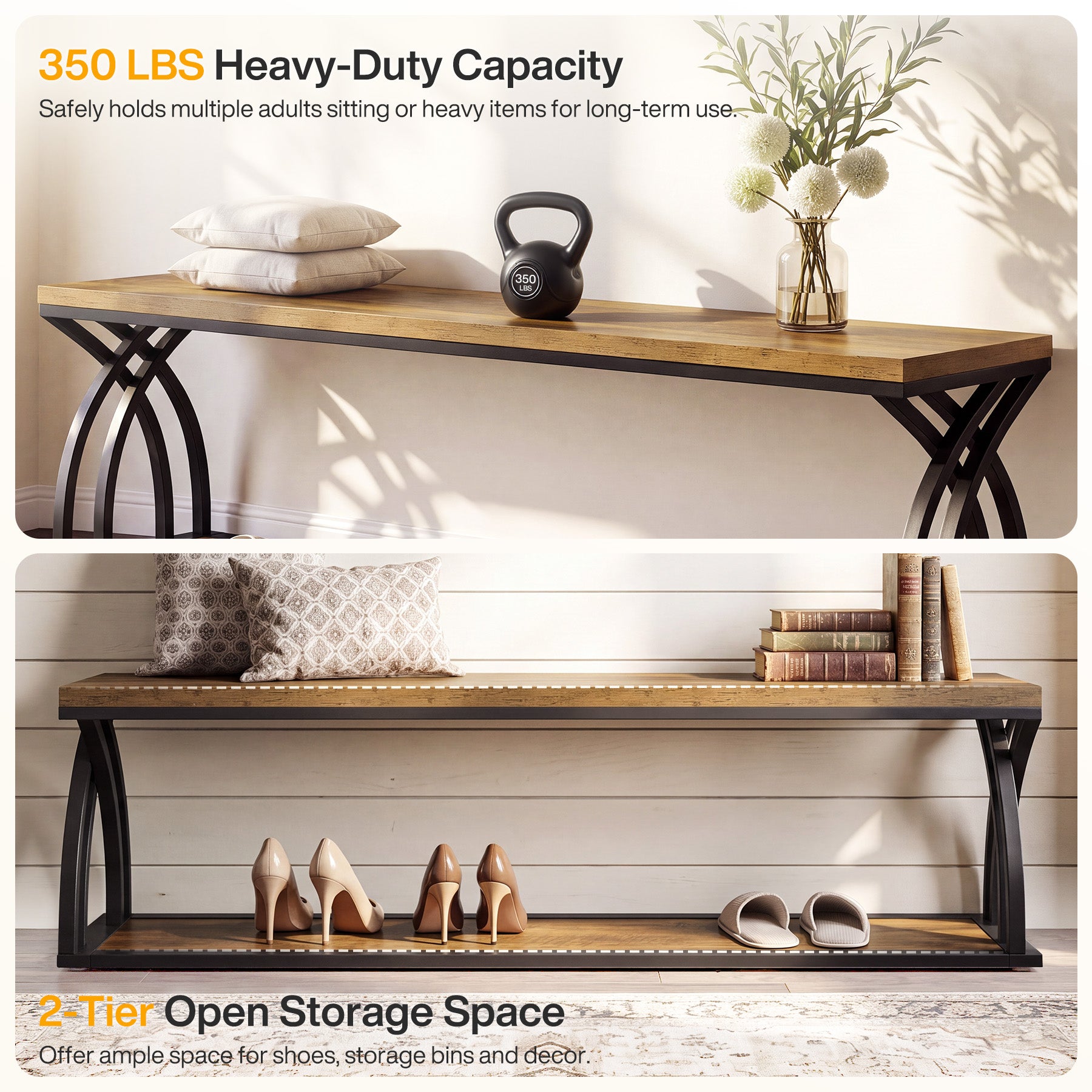 55" Industrial Entryway Bench with Shoe Storage, 2-Tier End of Bed Bench, Hallway