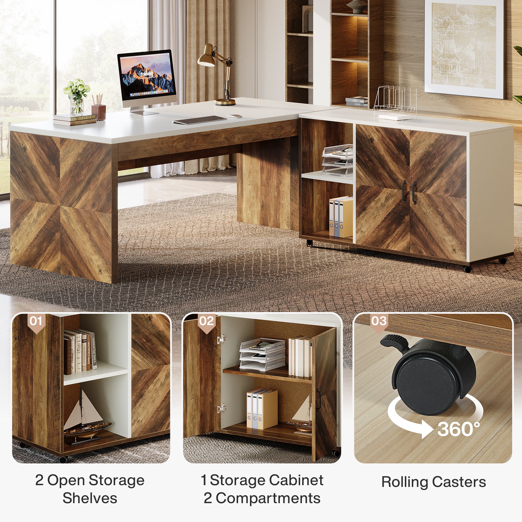 63" L-Shaped Desk, Modern Executive Office Desk with Mobile File Cabinet