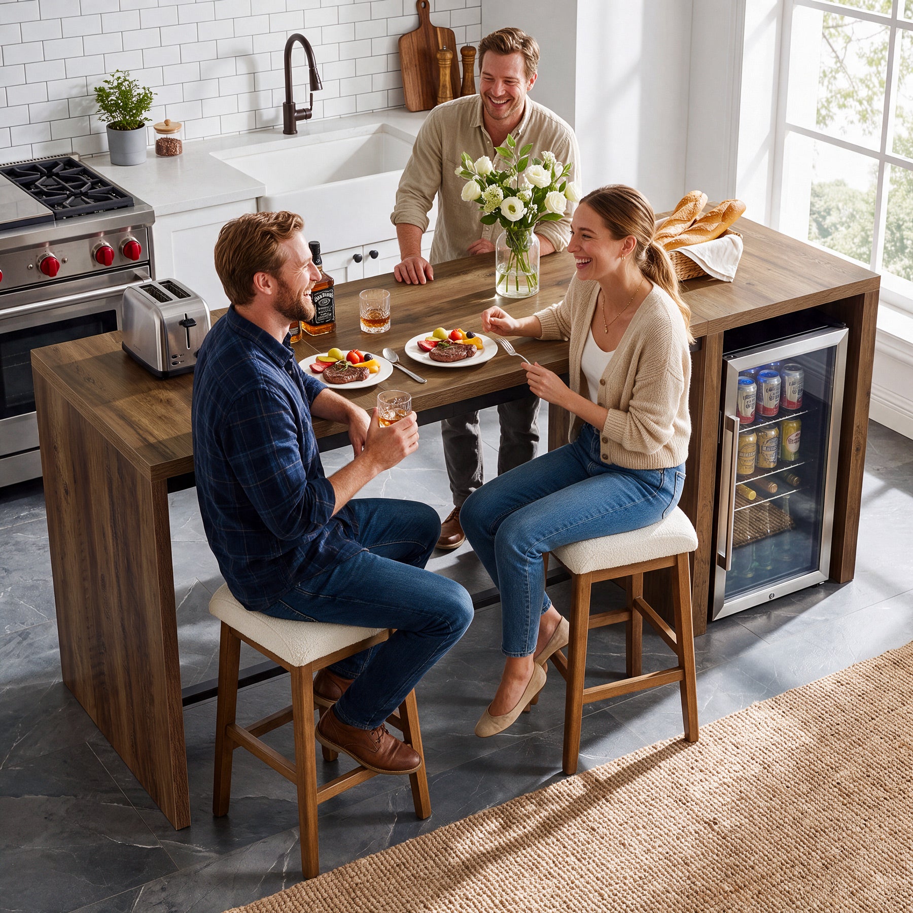 78.74" Bar Table, Large Counter Height Dining Table with Mini Fridge Space & 2 Shelves