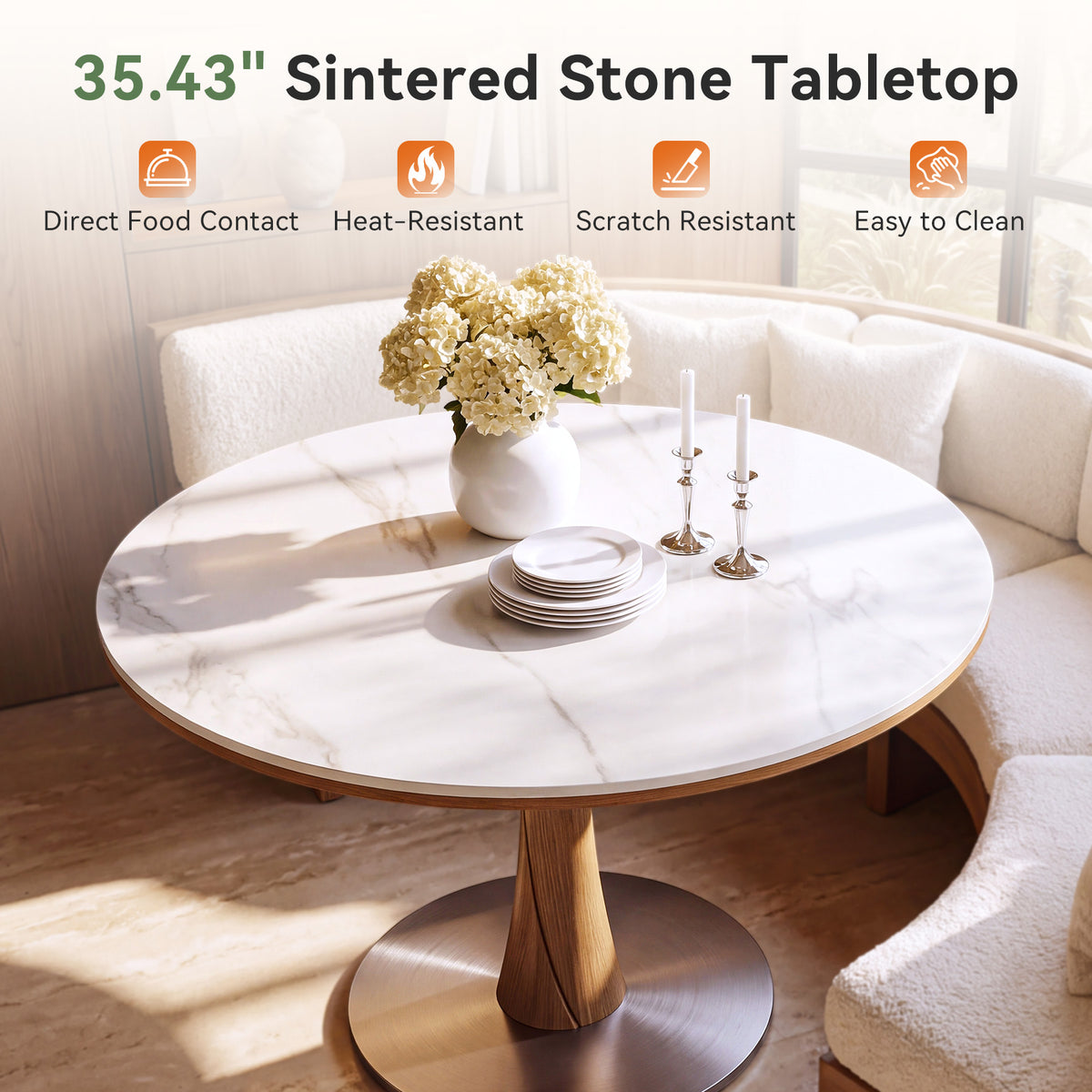 35" Round Dining Table for 2-4, Sintered Stone Top, Rubberwood Pillar & Steel Base
