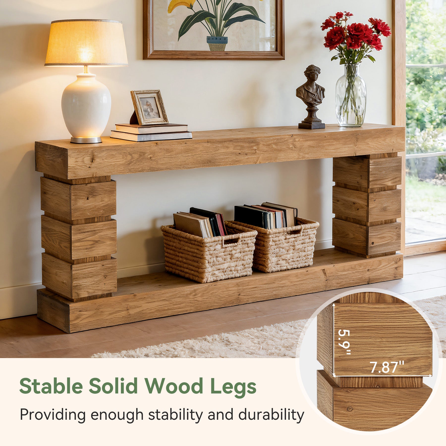 62.9" Solid Wood Console Table with Storage Shelf, Narrow Entryway Sofa Table for Hallway or Living Room