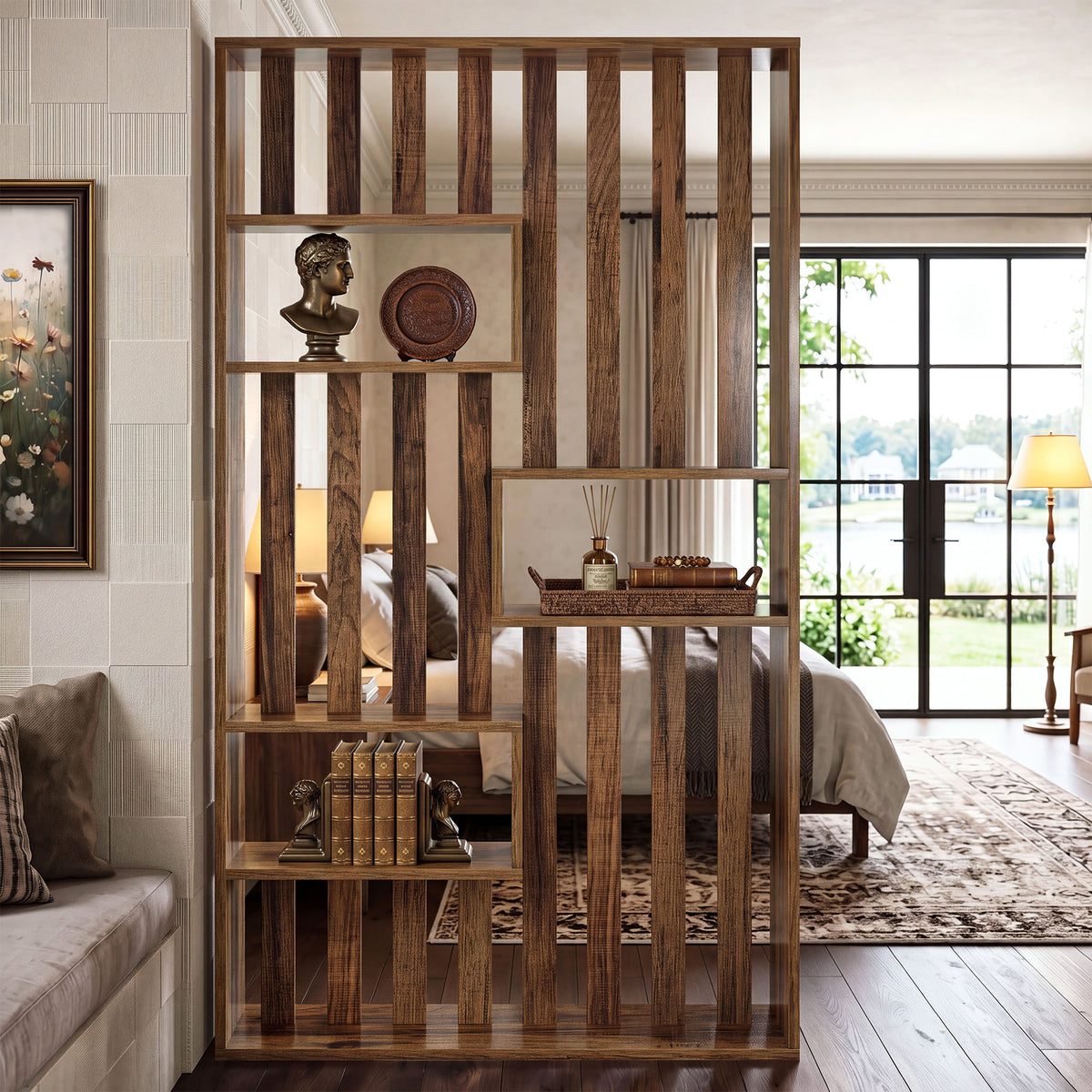 71" Wall Room Divider with Built-in Shelves for Room Separation, Freestanding Slatted Partition