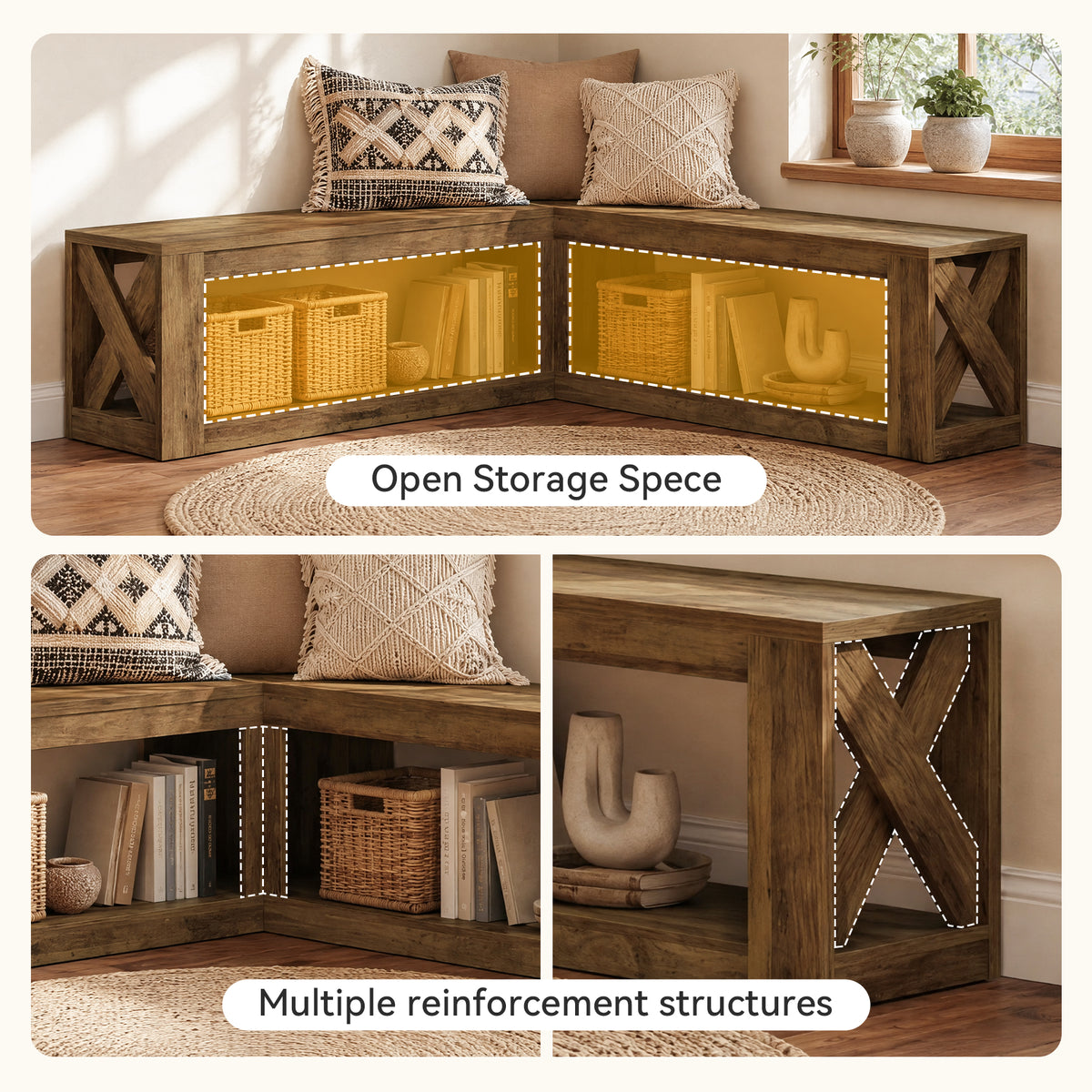 61" L-Shaped Entryway Bench, 2-Tier Corner Bench with Storage Shelf for Living Room