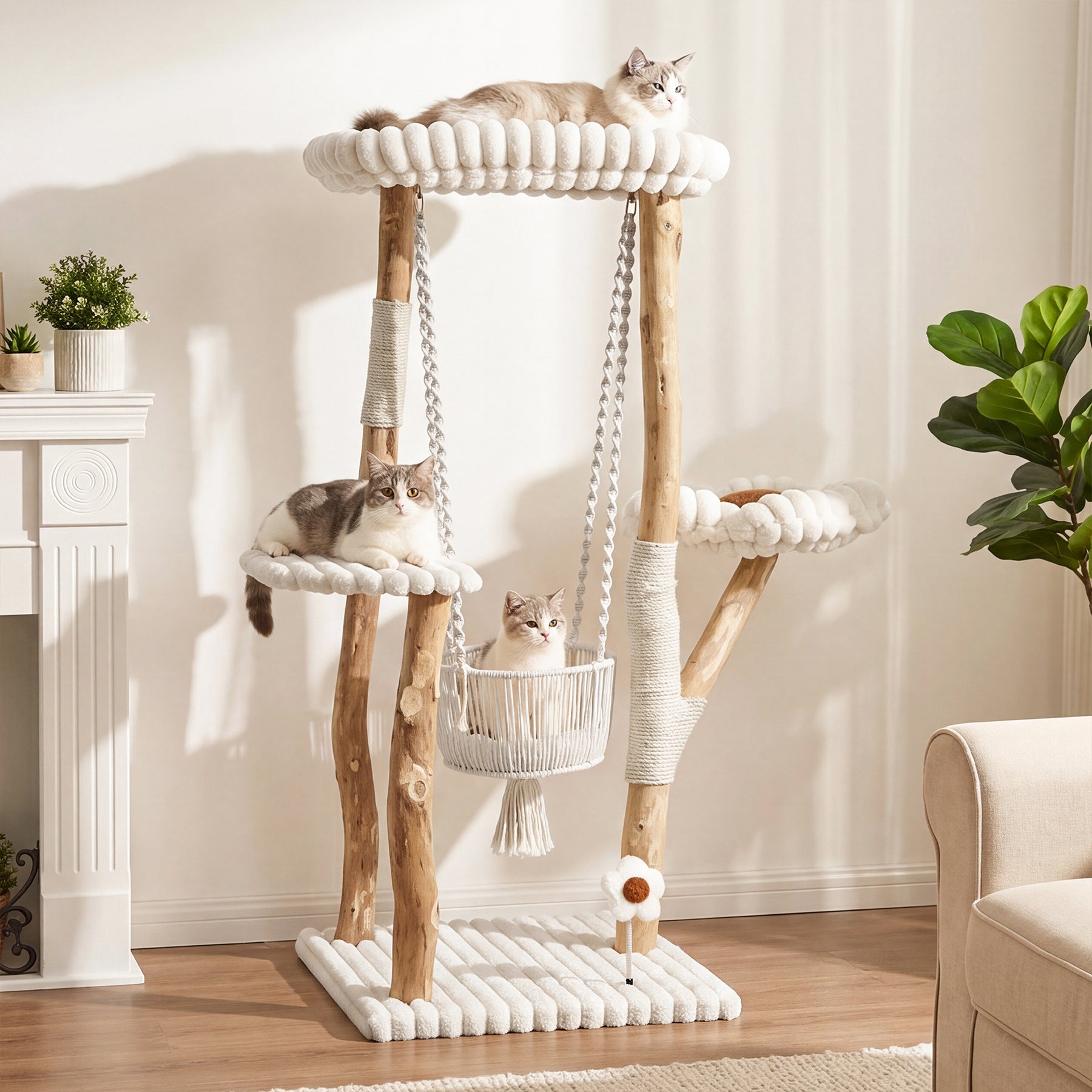 51" Solid Wood Cat Tree with Scratching Posts, Cat Tower with Swinging Basket, Washable Cushion, Dangling Toy
