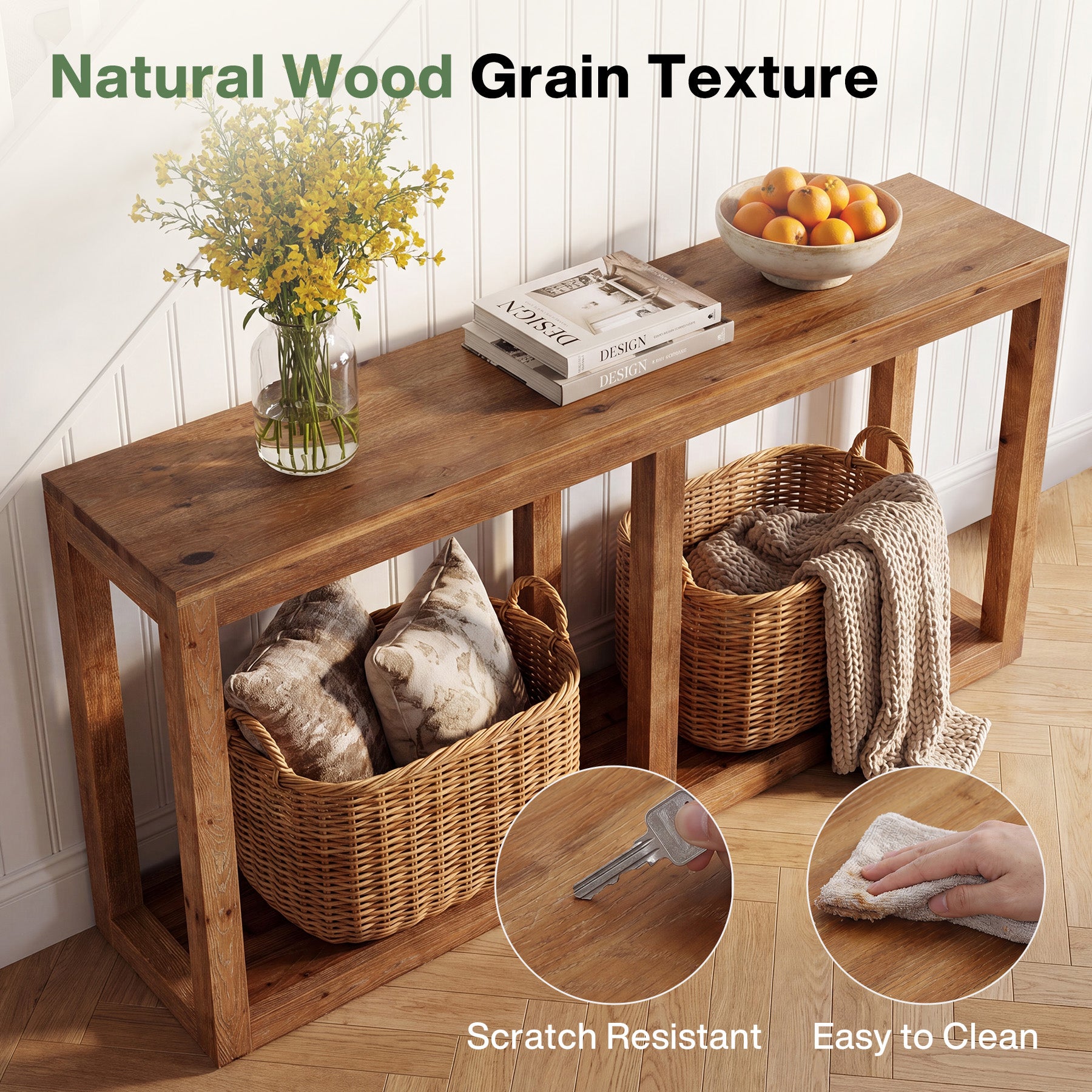 70.9" Solid Wood Console Table, 2-Tier Farmhouse Entryway Sofa Table Behind Couch