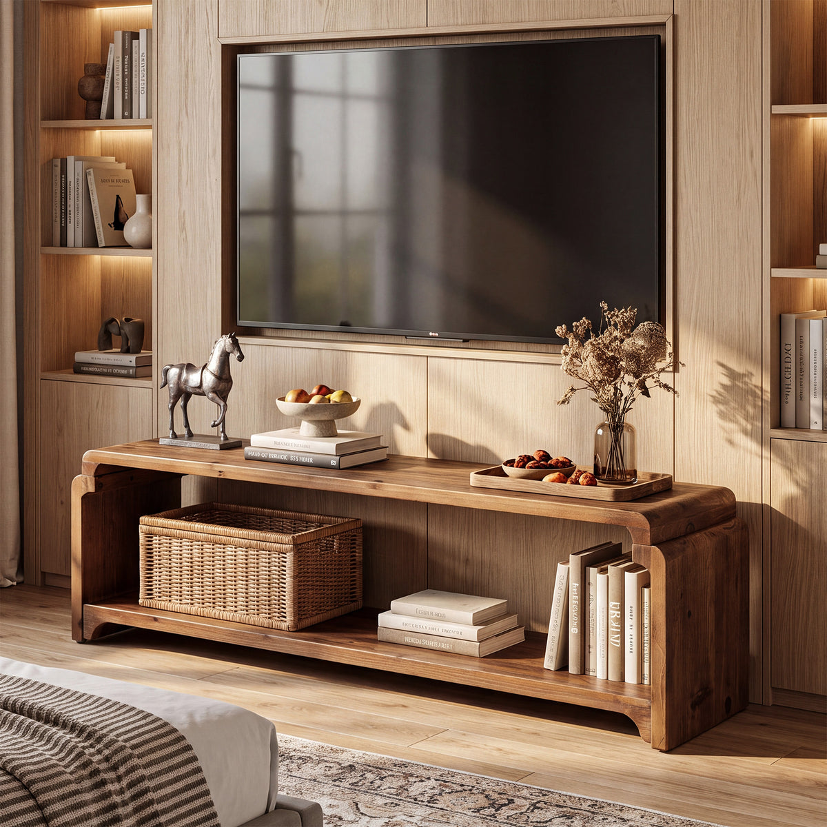 55.12" Solid Wood TV Stand for TVs up to 60", Farmhouse Media Console with Storage Shelves