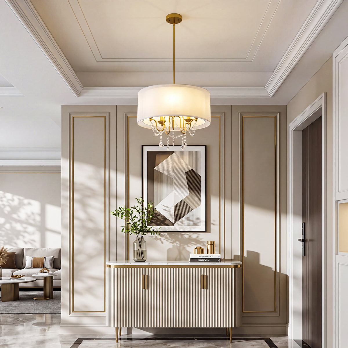 19.7" Gold Crystal Drum Chandelier, Modern 5-Light Pendant Light