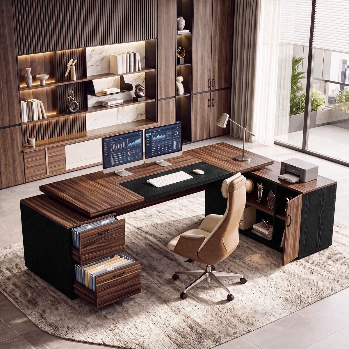 78.7" L-Shaped Executive Desk, Large Office Computer Desk with Drawer & 55" Cabinet