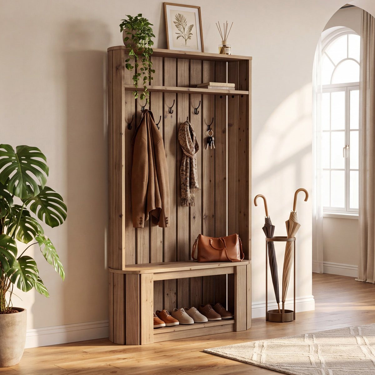 Solid Wood Hall Tree with Bench & Shoe Storage, 7 Hooks, Freestanding Entryway Coat Rack