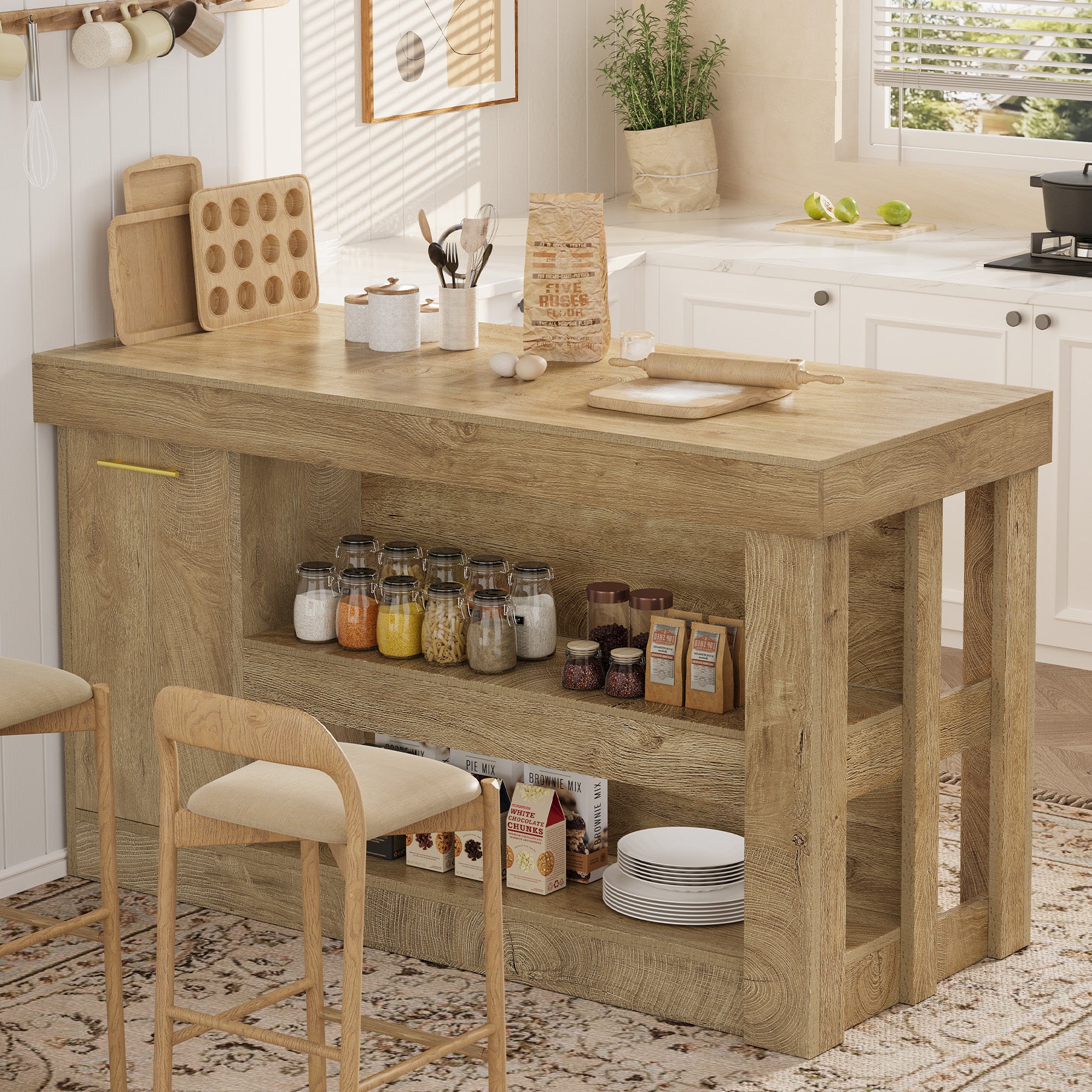 55" Kitchen Island with Trash Storage Cabinet, Farmhouse Island Table with 2-Tier Shelf