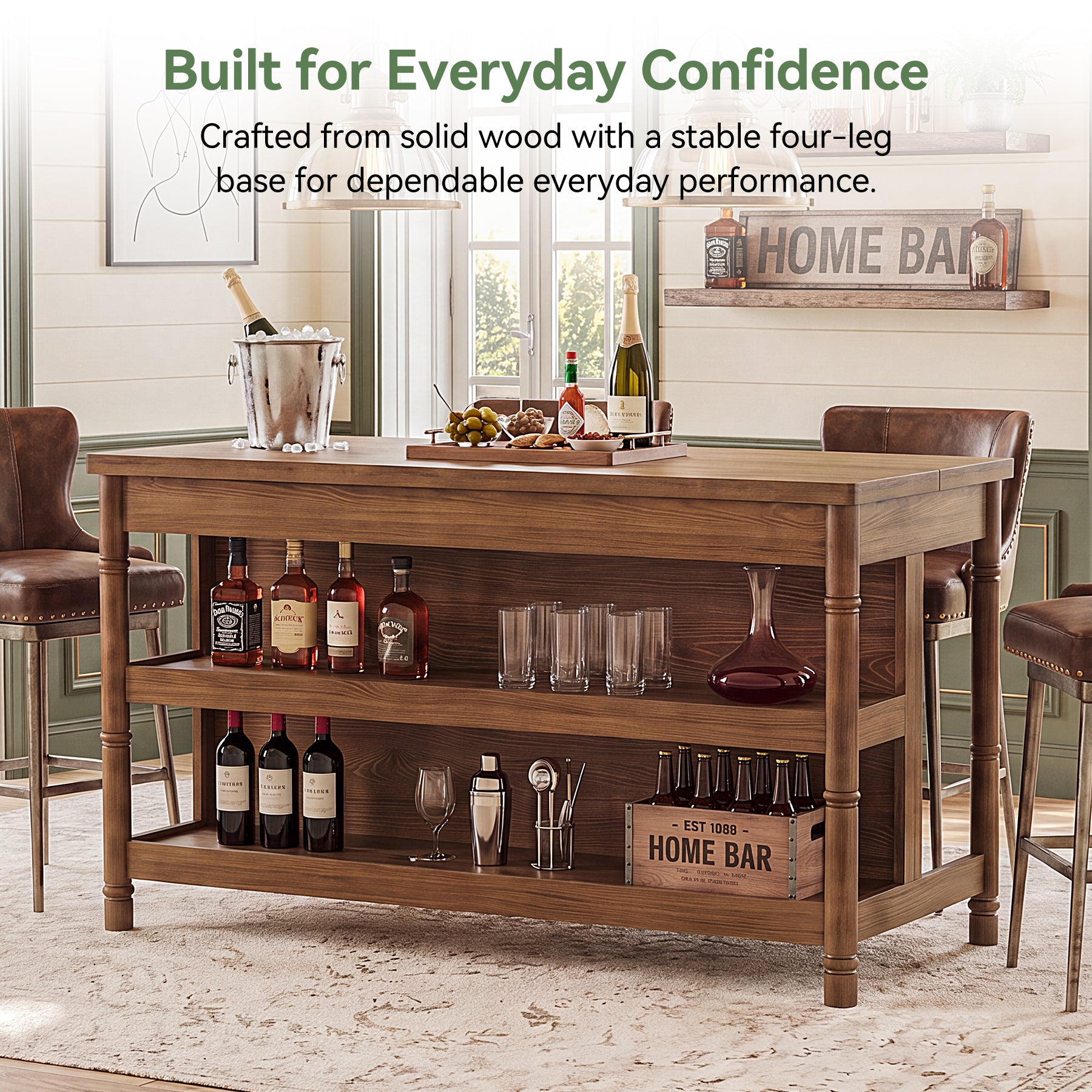 63" Counter Height Bar Table with Storage, Solid Wood Farmhouse Kitchen Bar Table, 3-Tier Shelves