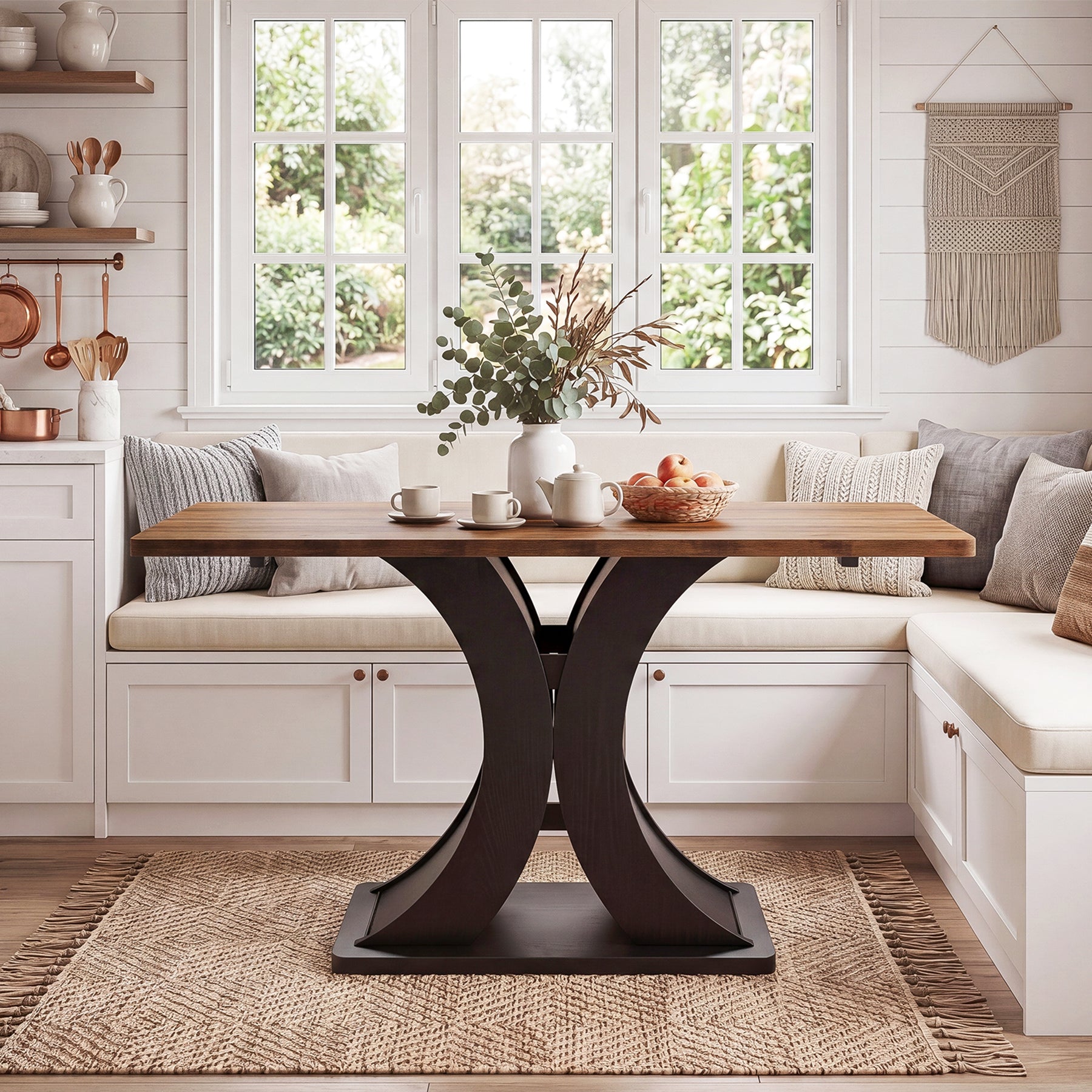 55-Inch Dining Table for 4-6, Farmhouse Wooden Table with Pedestal Base for Kitchen Dining Room