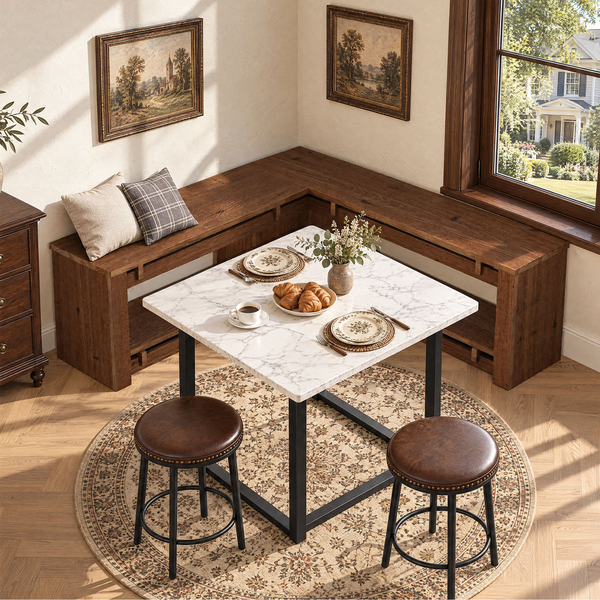 47" L-Shaped Corner Dining Bench, Rustic Solid Wood Breakfast Nook Bench with Shelf