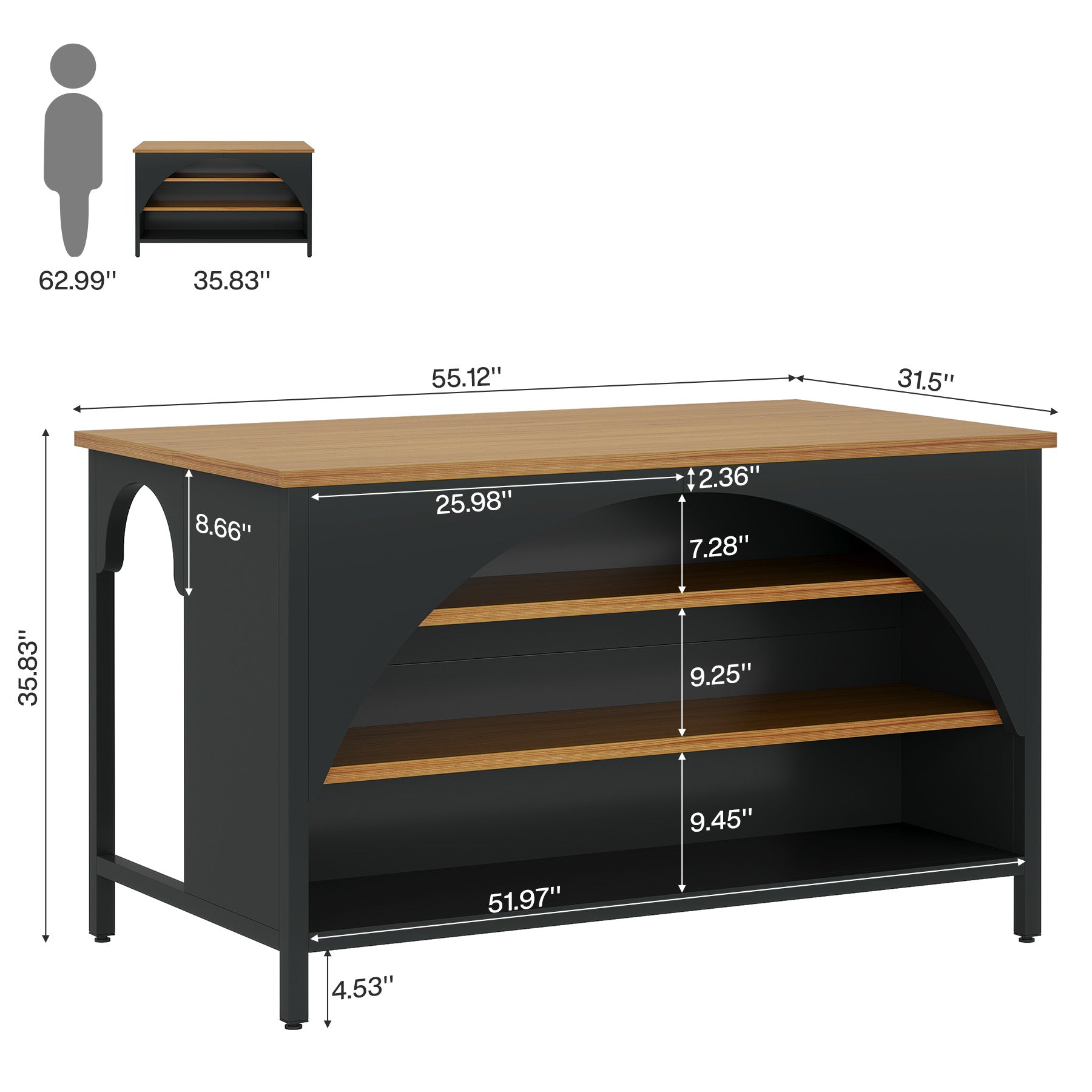 Kitchen Island with 3 Storage Shelves, 55" Kitchen Shelf with Large Countertop