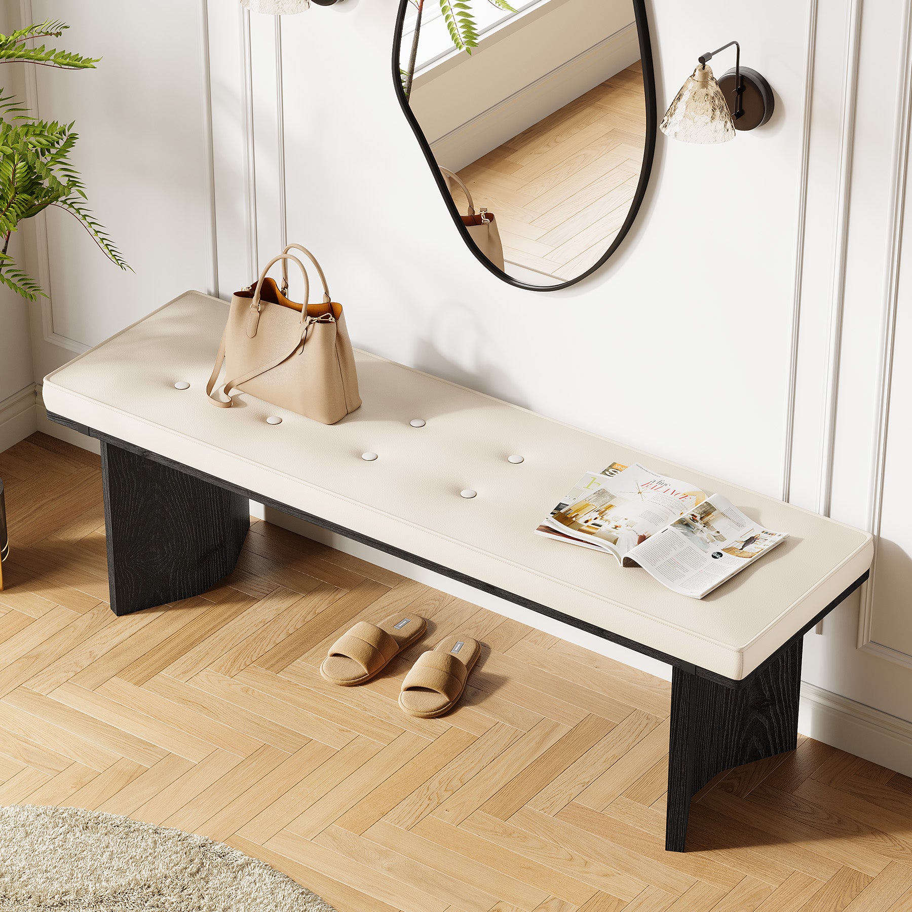 Solid Wood Entryway Bench, 55" Shoe Bench with Removable Cushion