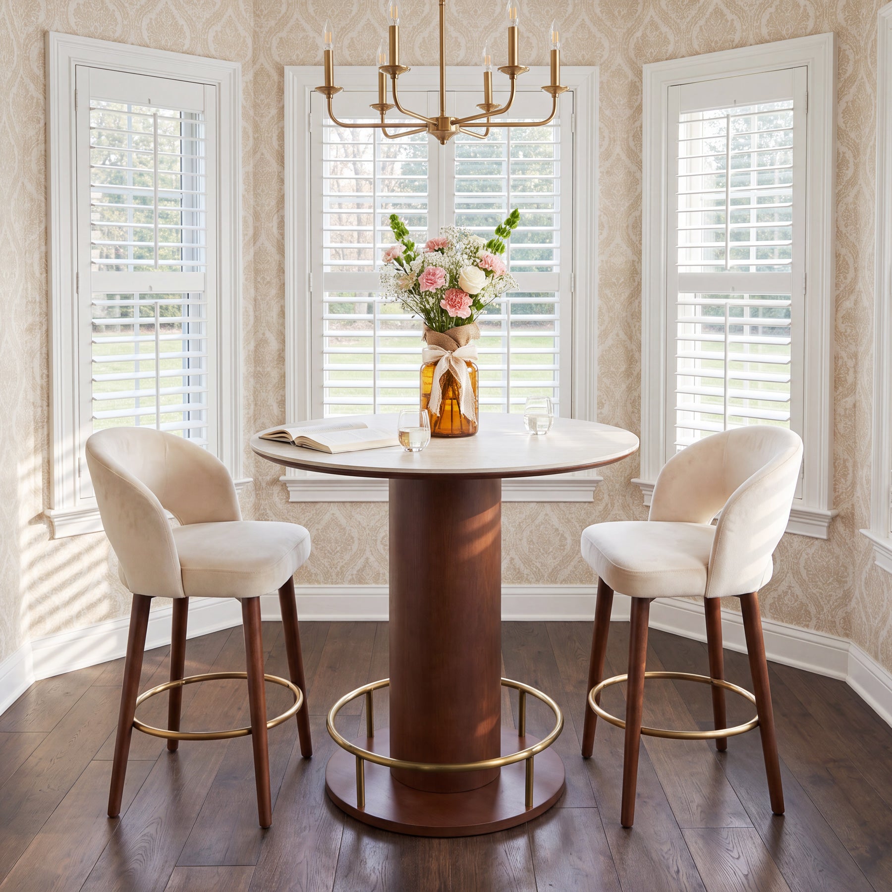 31.5" Round Sintered Stone Dining Table, Small Pedestal Kitchen Table for 2-4, Solid Rubber Wood Base